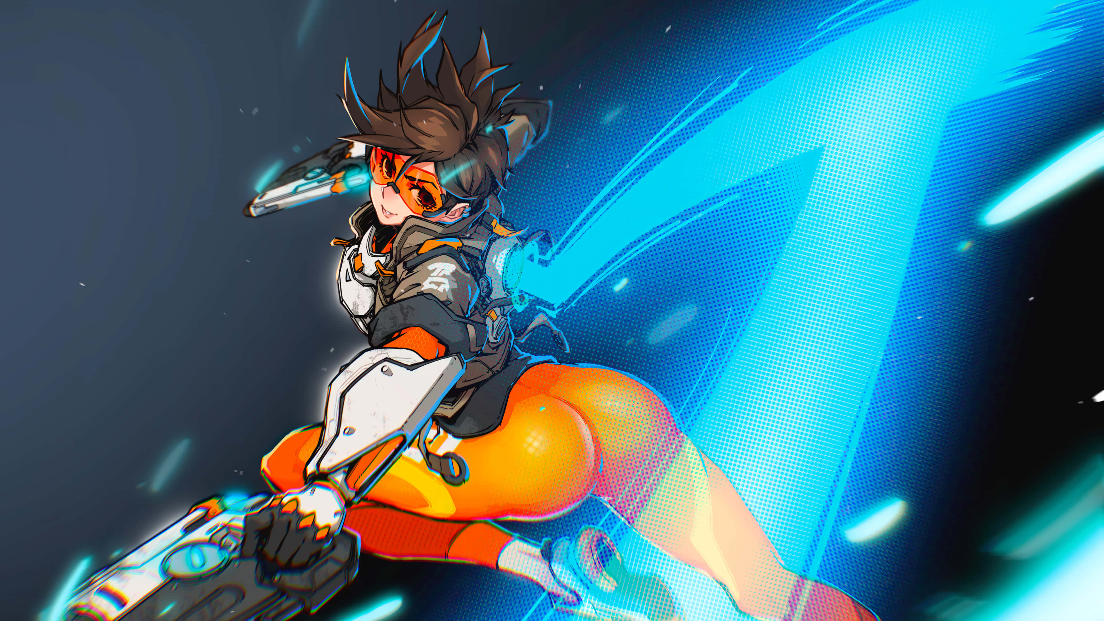 Overwatch Heroes 桌布 壁紙 — 一個充滿動感的動漫角色，身穿橙色和灰色裝備，在藍色能量背景下發射發光武器。