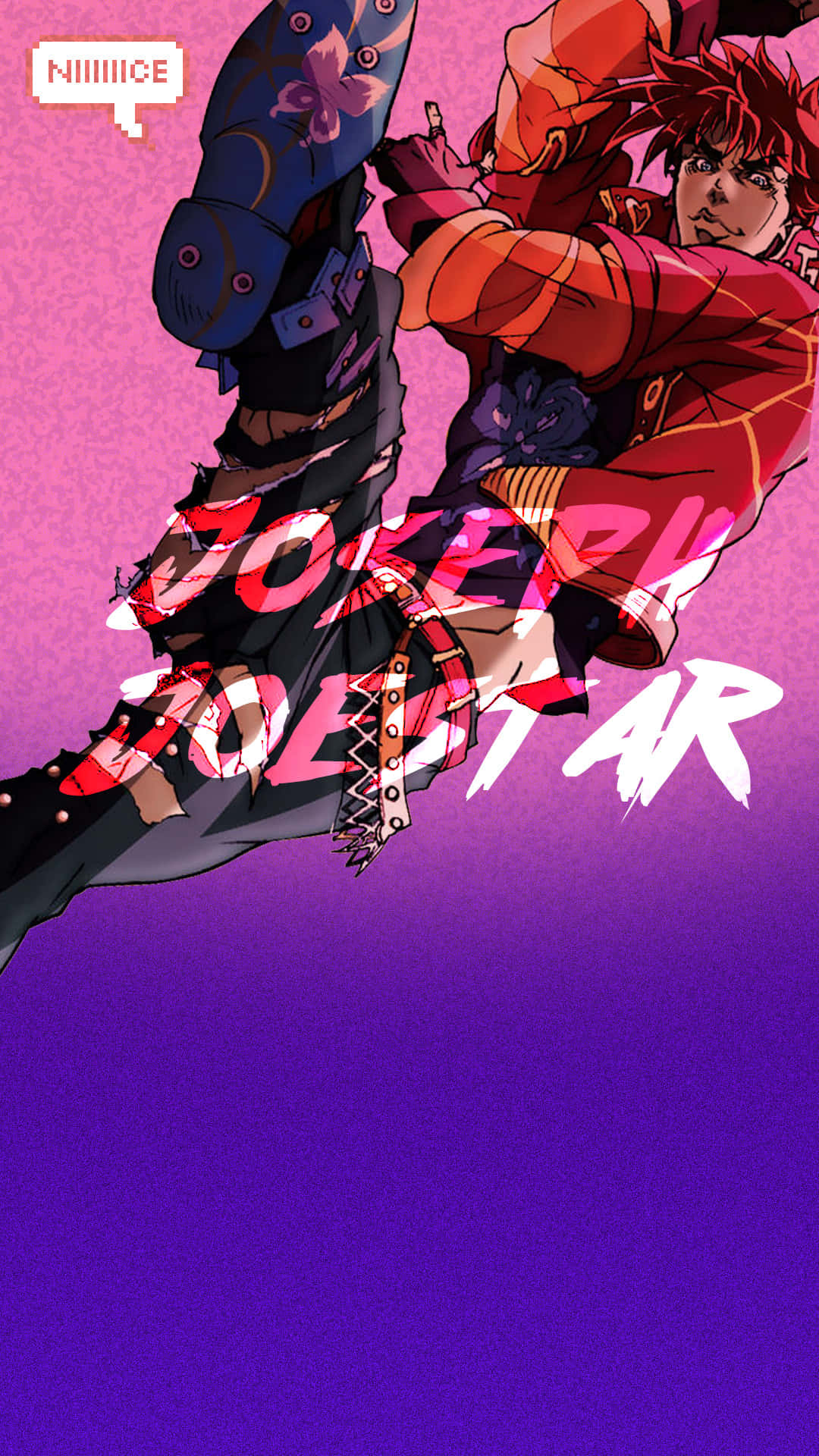 joseph joestar 桌布 壁紙 — 一個充滿動感的動漫角色，身穿紅黑裝備，在紫色漸變背景上跳躍，並帶有粗體的塗鴉風格文字。