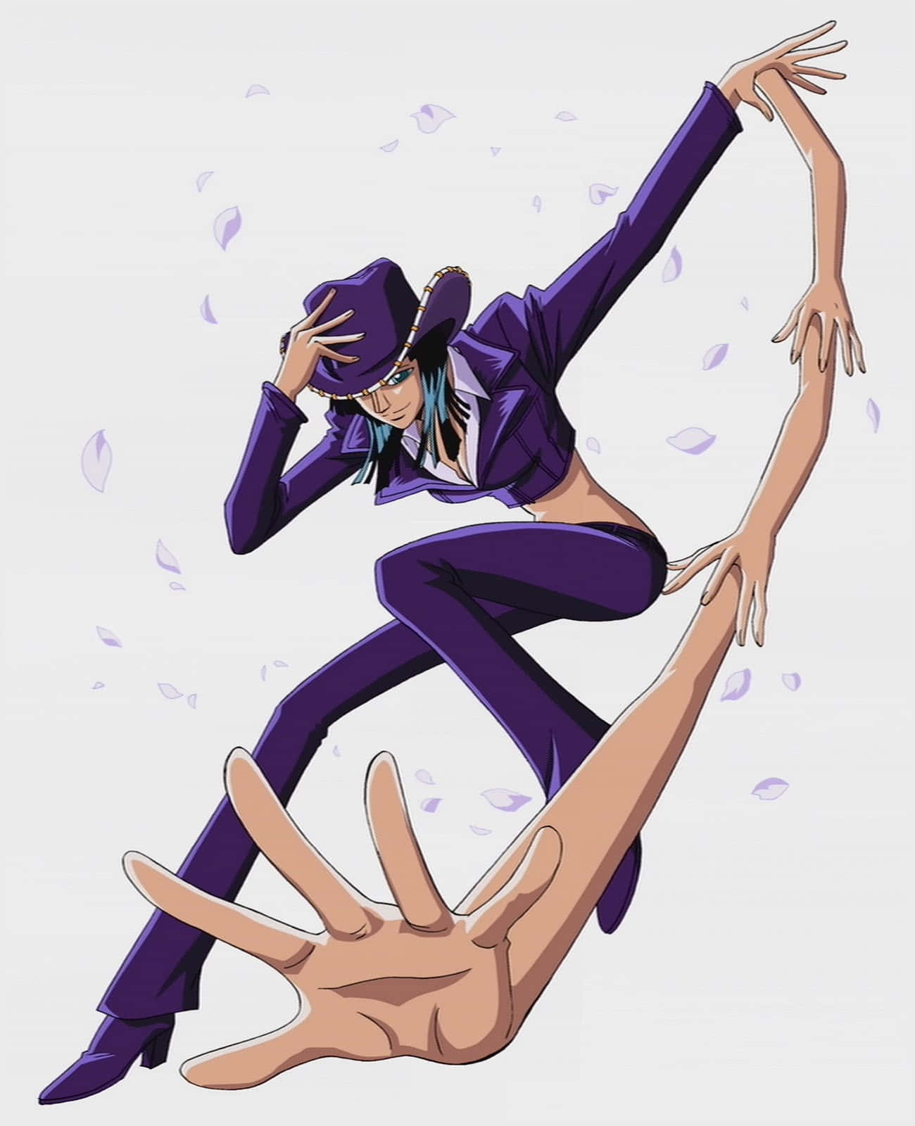 Nico Robin 桌布 壁紙 — 一個充滿動感的動漫角色，身穿紫色西裝和帽子，在飄浮花瓣的純色背景下擺出戲劇性的姿勢。