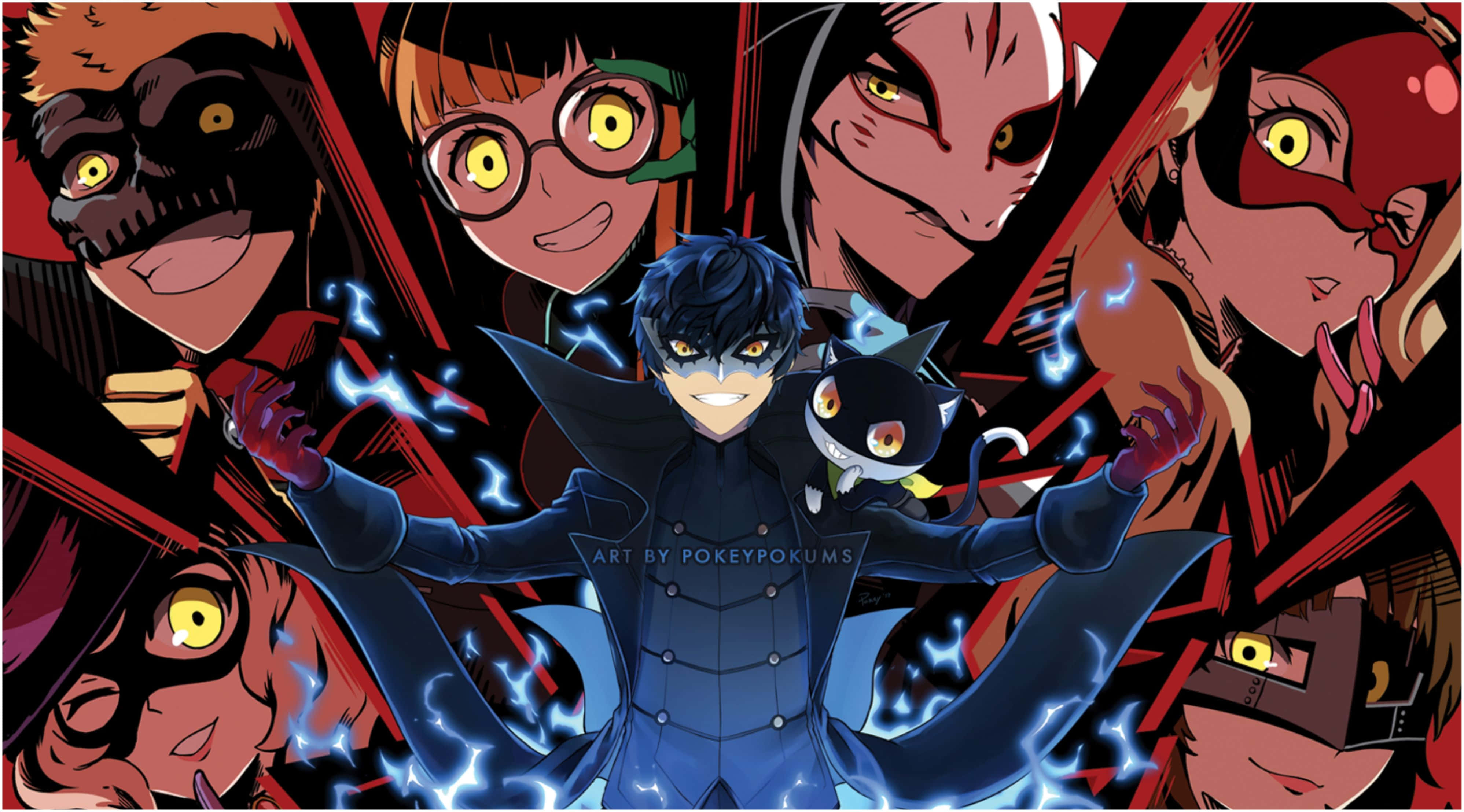 Persona 5 Strikers 桌布 壁紙 — 一個充滿動感的動漫角色，身穿藍色西裝，擁有發光的黃色眼睛和閃電效果，站在舞台中央，被一群威脅性的蒙面人物包圍。