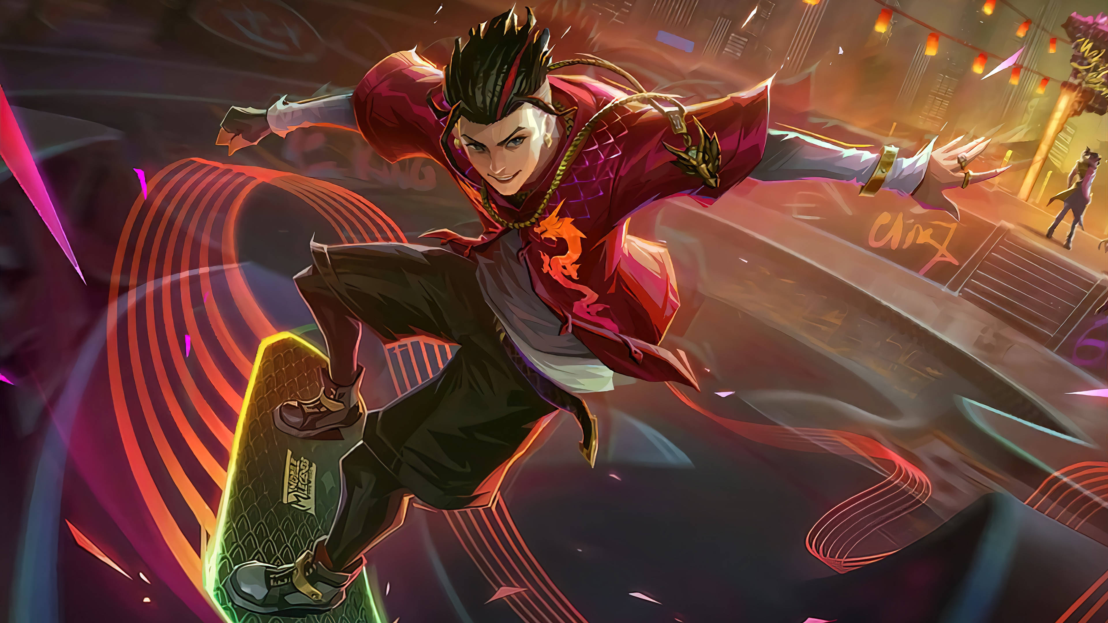 heroes 桌布 壁紙 — 一個充滿動感的動漫角色身穿紅色服裝，在夜晚踩著發光的滑板穿過霓虹燈照亮嘅城市小巷。