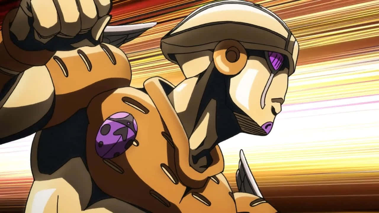 Gold Experience Jojo 桌布 壁紙 — 一個充滿動感的動漫角色身穿金色盔甲，握緊拳頭，在橙色和黃色條紋背景上向前衝刺。