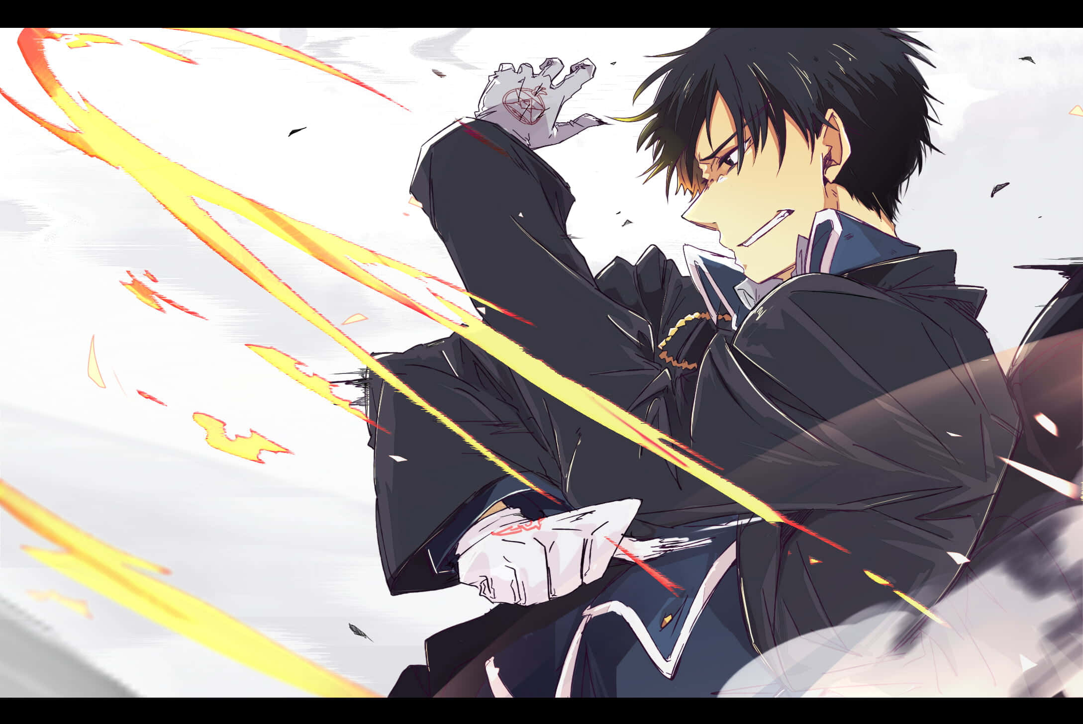 Roy Mustang 桌布 壁紙 — 一個充滿動感的動漫角色身穿黑色外套，在純白背景下以堅定的表情釋放出熾熱的能量。