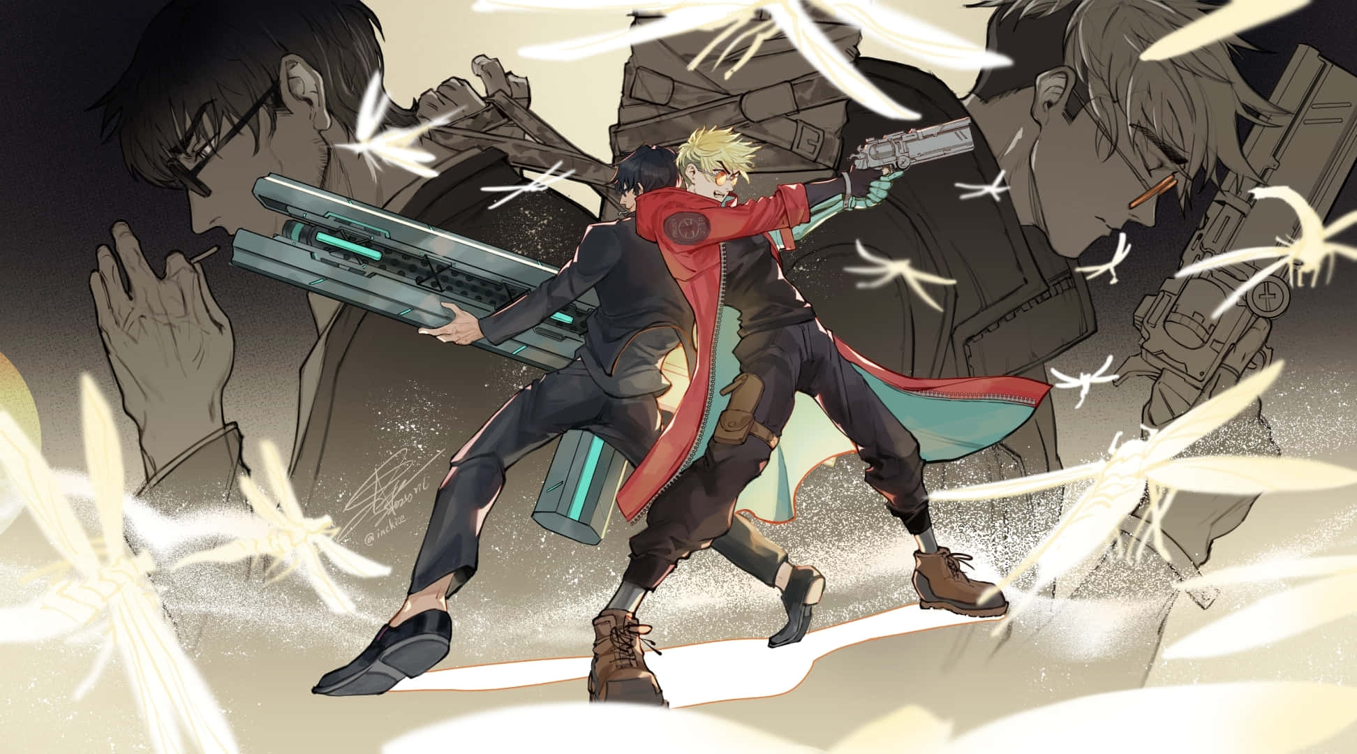 Vash The Stampede 桌布 壁紙 — 一個充滿動感的動漫風格動作場景，金髮主角身穿紅色外套，在發光的白色能量效果中揮舞未來武器。