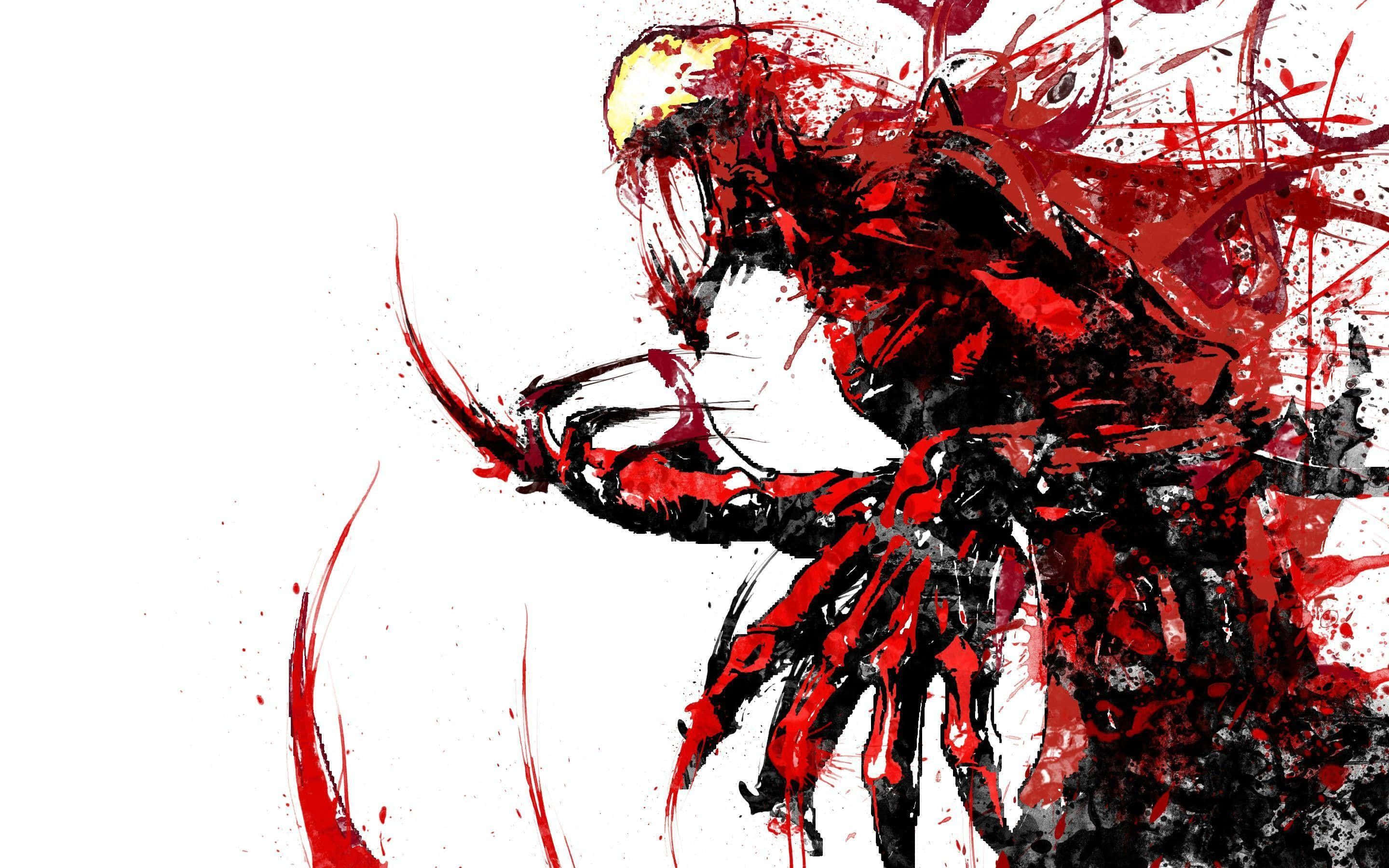 Carnage USA 桌布 壁紙 — 一個充滿動感的動漫風格戰士，帶有紅色和黑色的潑漆效果，在純白背景上向前衝刺。