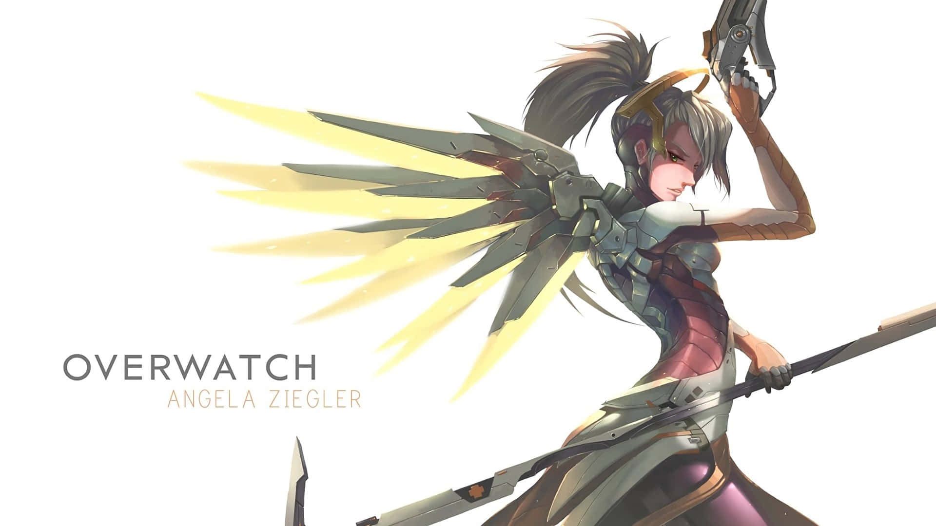 Overwatch Mercy 桌布 壁紙 — 一個充滿動感的動漫風格戰士，配備機械翅膀和步槍，在純白背景前擺出姿勢。