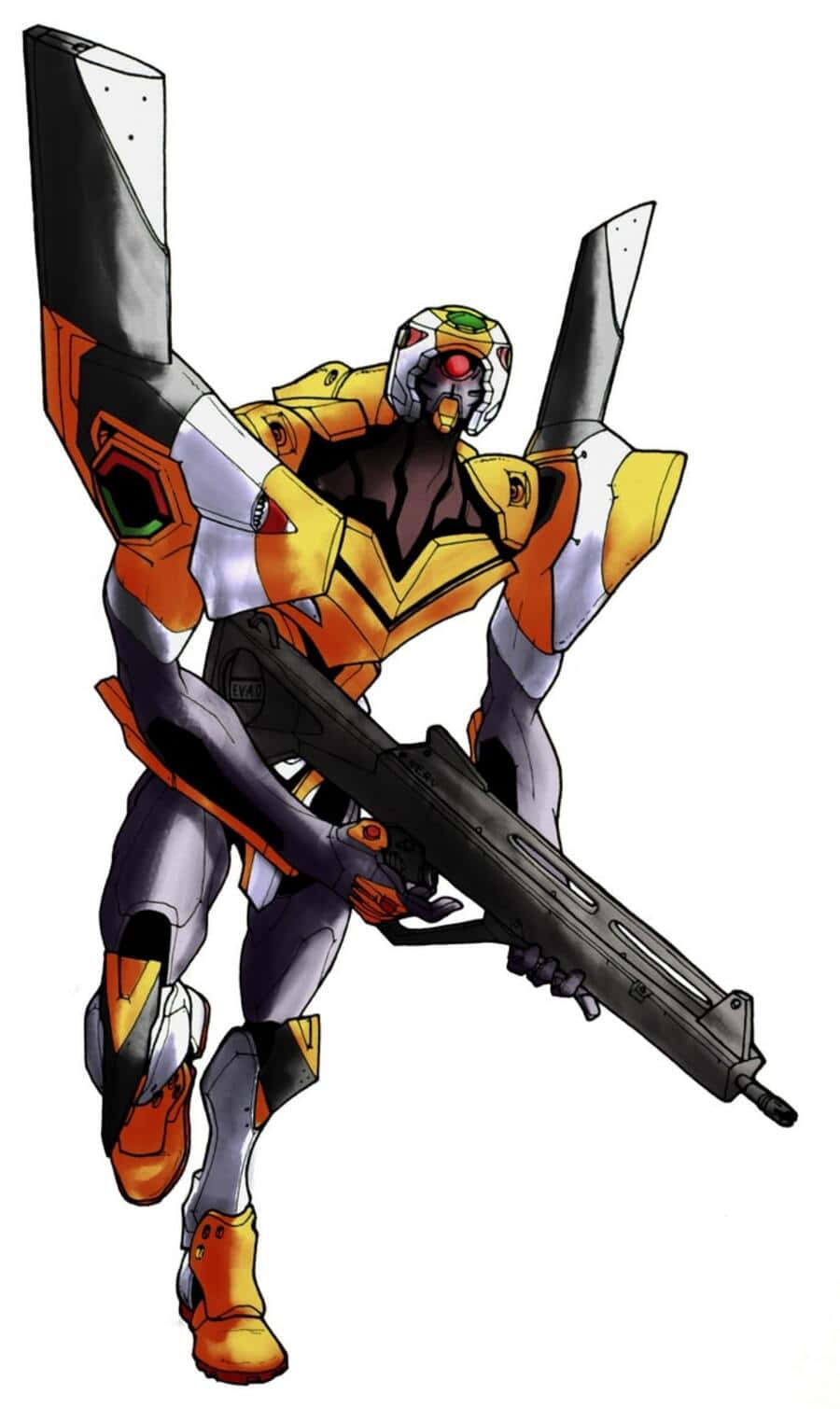 Eva-00 桌布 壁紙 — 一個充滿動感的動漫風格機甲，身穿橙色、黃色和灰色裝甲，以戰鬥姿態揮舞著一把大型槍械。