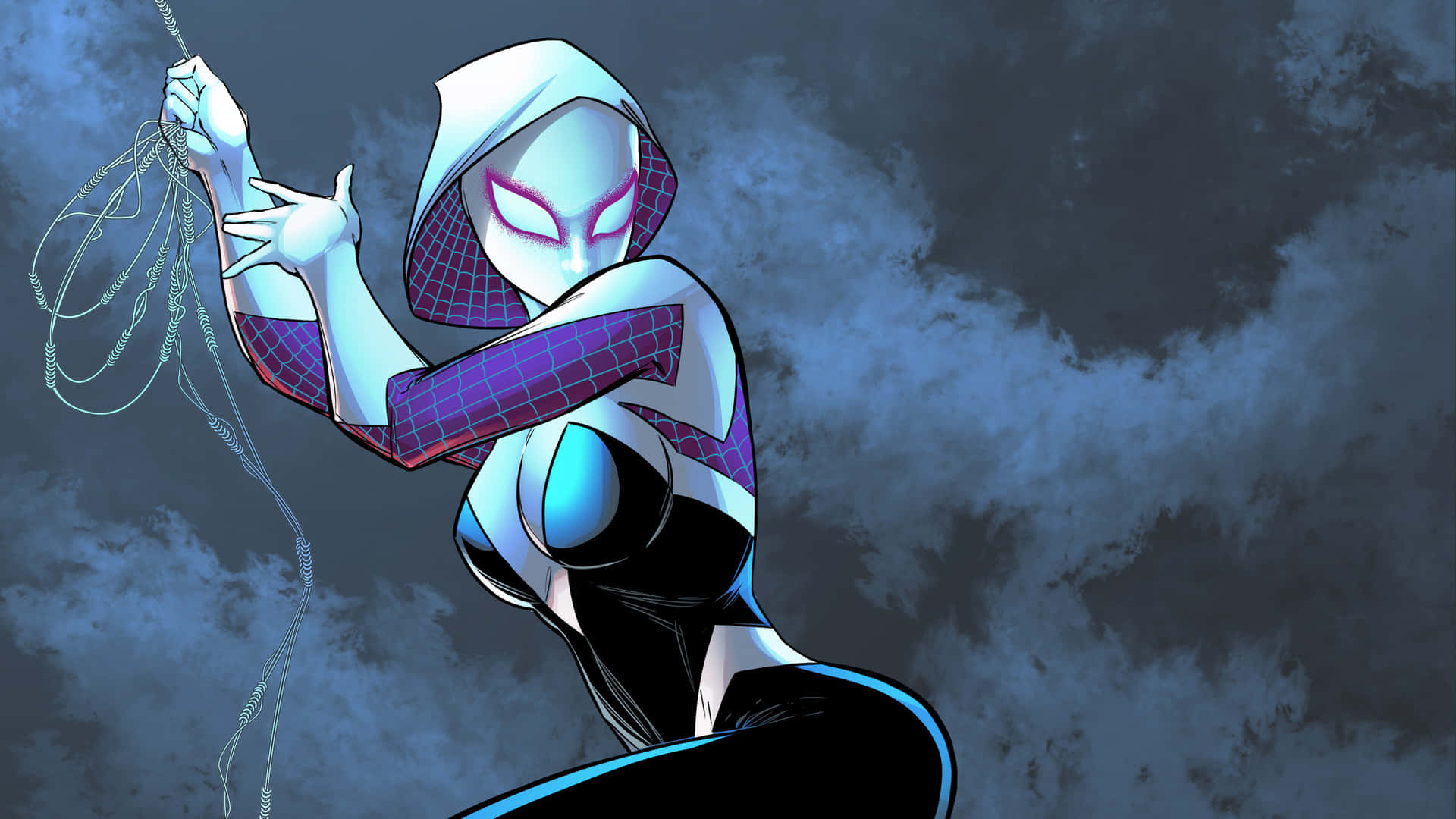 Gwen Stacy 桌布 壁紙 — 一個充滿動感的動漫風格蜘蛛格溫在暴風雨的夜空中擺盪，身後留下發光的蛛網線條。