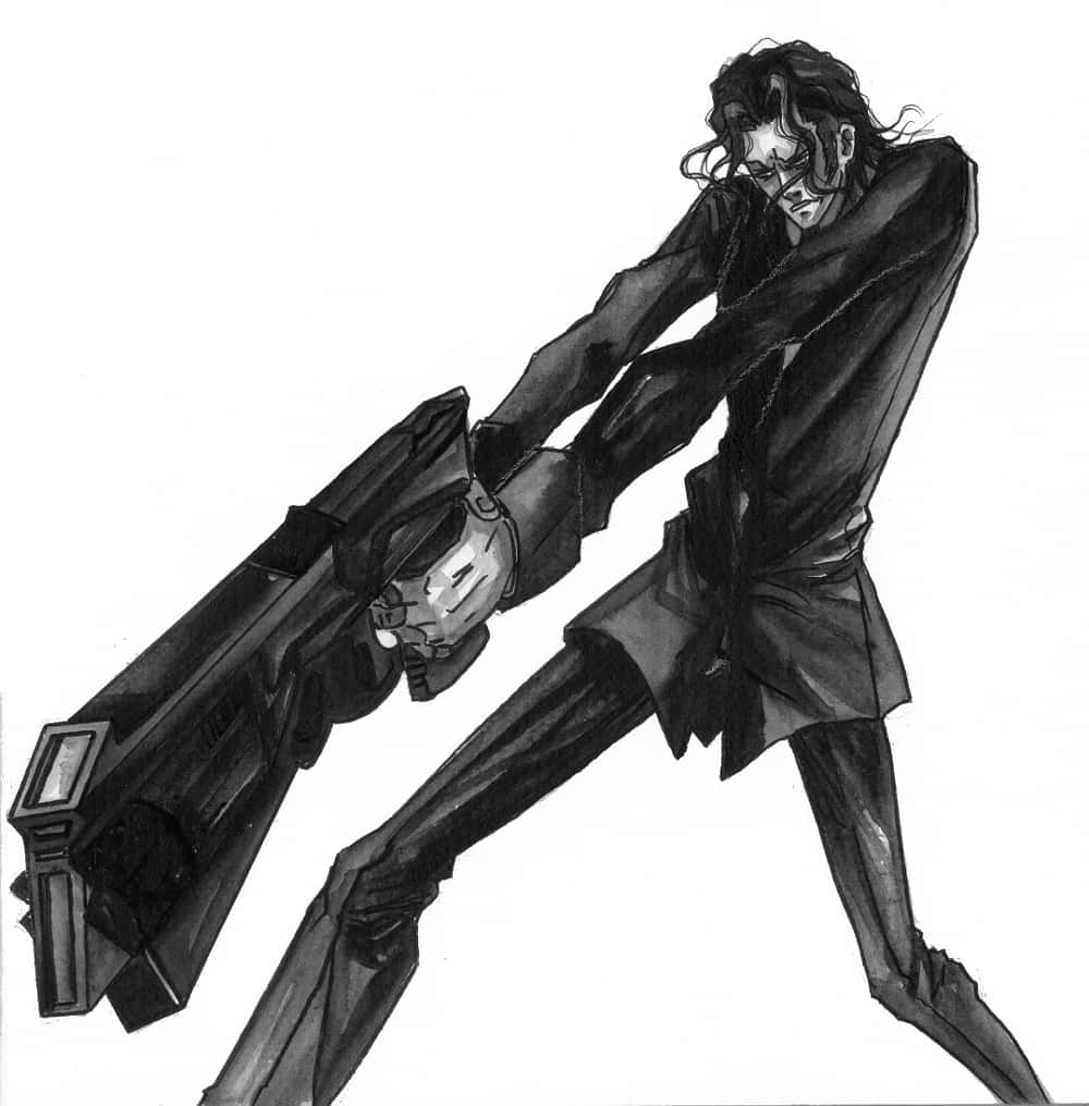 Sakuya Togane 桌布 壁紙 — 一個充滿動感的動漫風格角色，身穿長外套，以戲劇性的姿勢揮舞著一把大型未來感槍械。