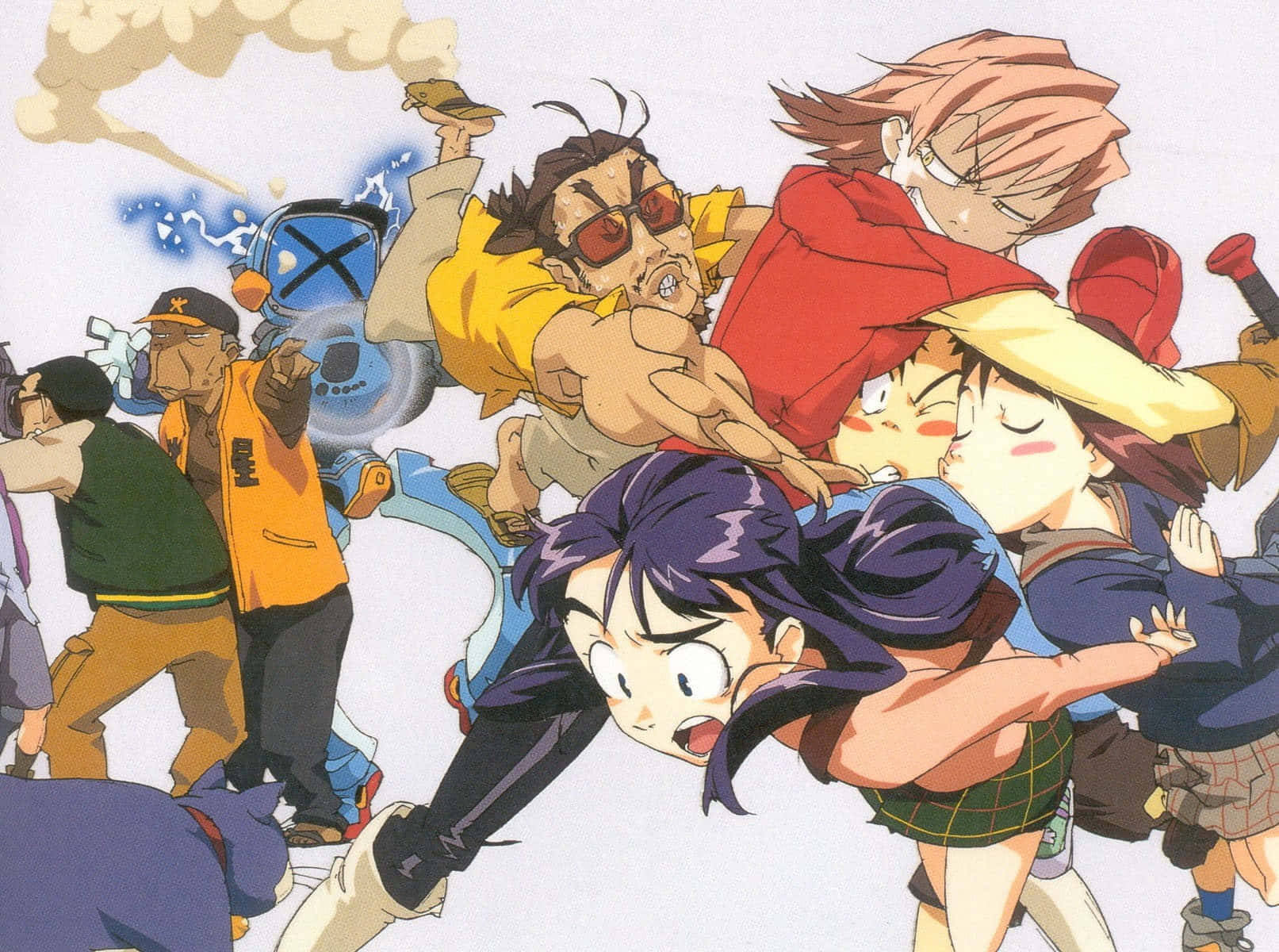 Flcl Gaku Manabe 桌布 壁紙 — 一個充滿動感的動畫場景，一群角色正在行動中，展現出驚訝和興奮的表情。