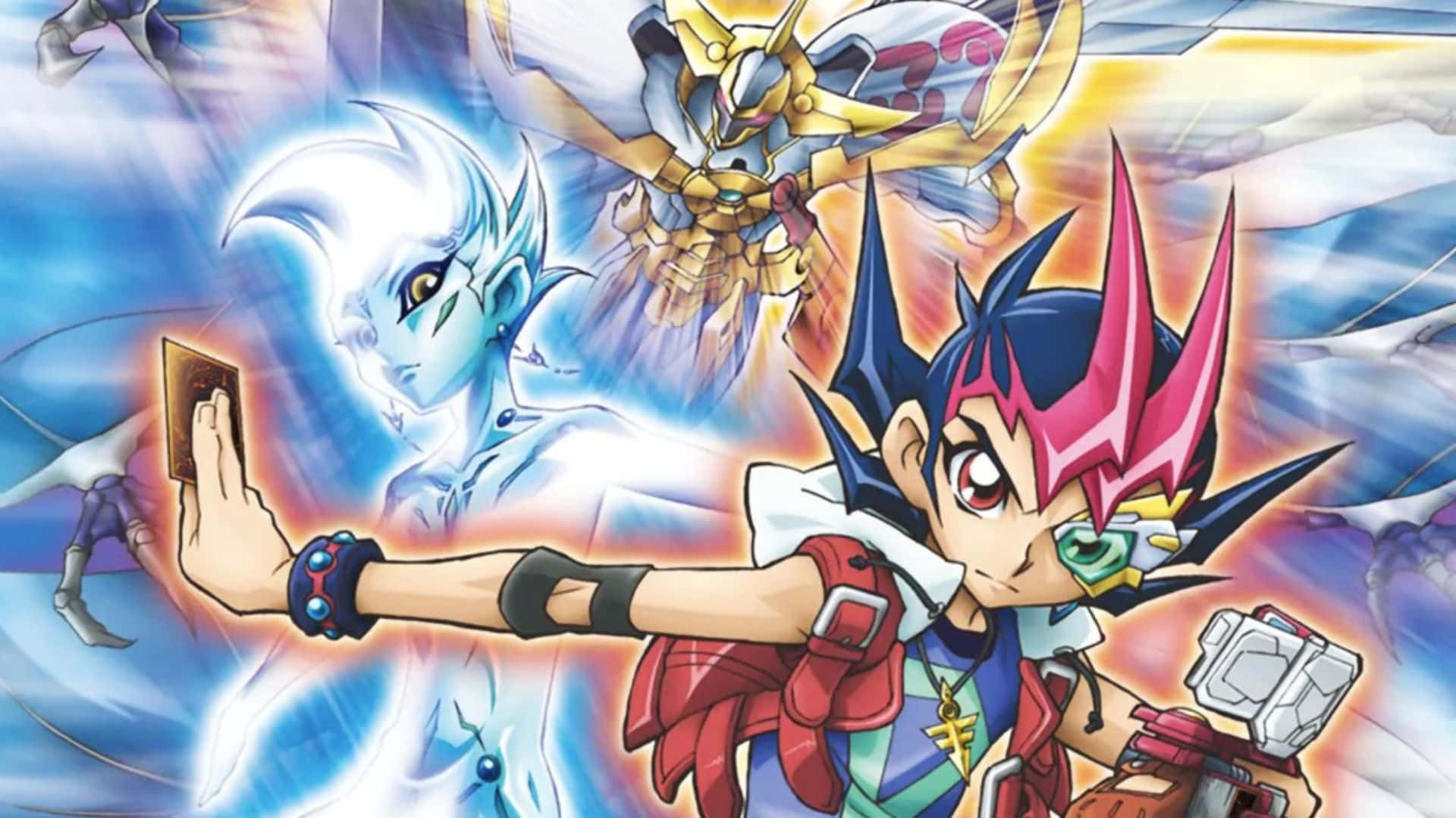 Yu-gi-oh Astral 桌布 壁紙 — 一個充滿動感的動畫場景，展示一位堅定的年輕決鬥者在旋轉的藍色和金色能量背景下召喚發光怪物。