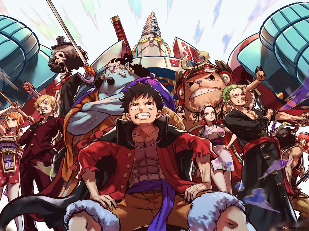 One Piece Stampede 桌布 壁紙 — 一個充滿動感的動畫海盜團體，手持劍和船隻，背景明亮爆炸。