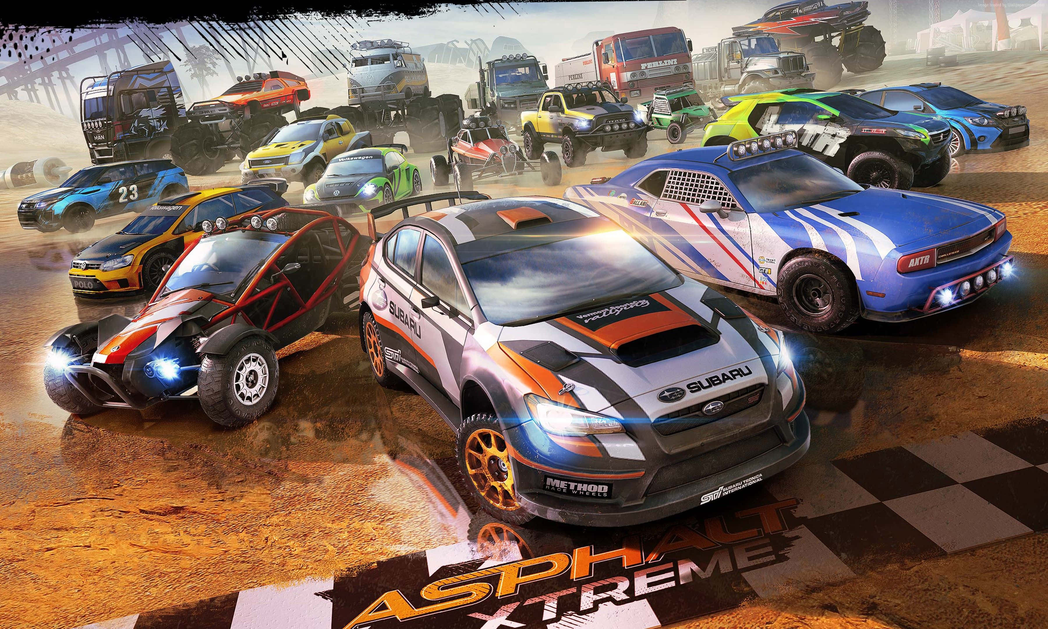 Racing Games 桌布 壁紙 — 一個充滿動感的拉力賽場景，多款改裝車在塵土飛揚的賽道上疾馳，終點線為黑白格仔旗。