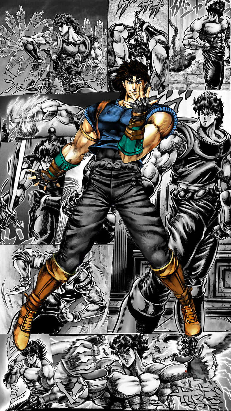 Jojo Pose 桌布 壁紙 — 一個充滿動感的漫畫拼貼，展示一位肌肉發達的英雄，身穿藍色上衣和棕色靴子，在漫畫格中擺出英雄姿勢。