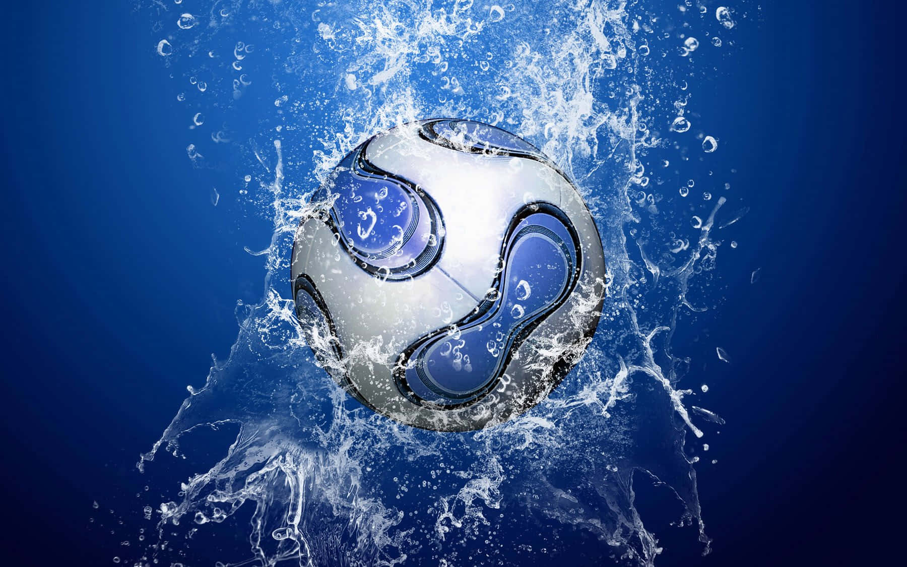 3d Sports 桌布 壁紙 — 一個充滿動感的足球衝破深藍色水面，周圍產生爆炸性的水花和閃閃發光的氣泡。