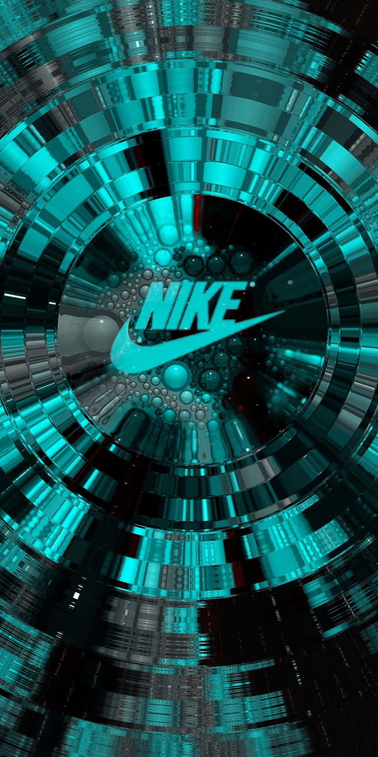 Blue Nike 桌布 壁紙 — 一個充滿動感的青綠色Nike標誌從中央的氣泡簇中輻射出來，位於一個由金屬環組成的未來感隧道內。