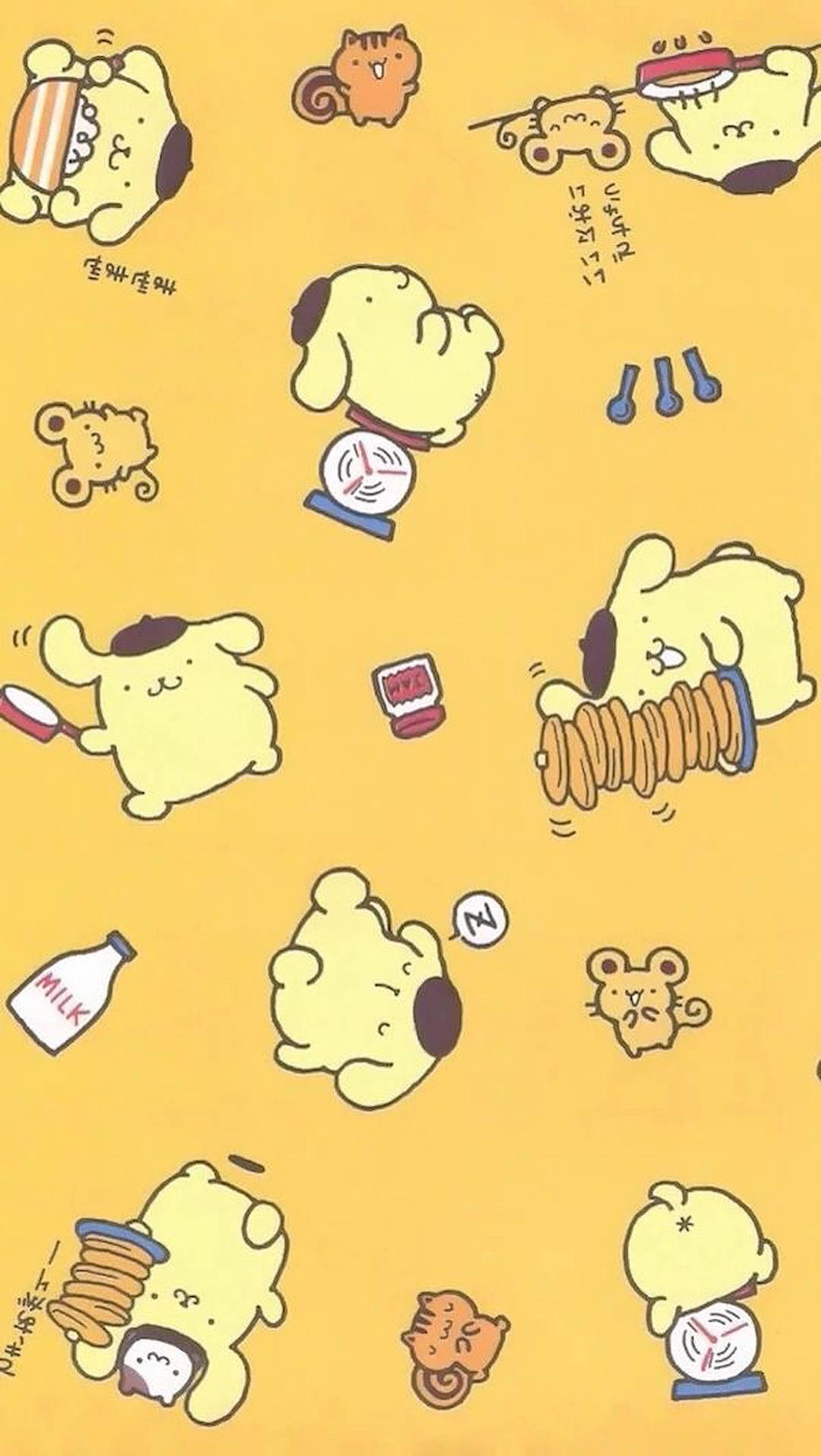 可愛卡通Pudgy角色在黃色背景上玩玩具和牛奶。 — 布甸狗 GIF 壁紙