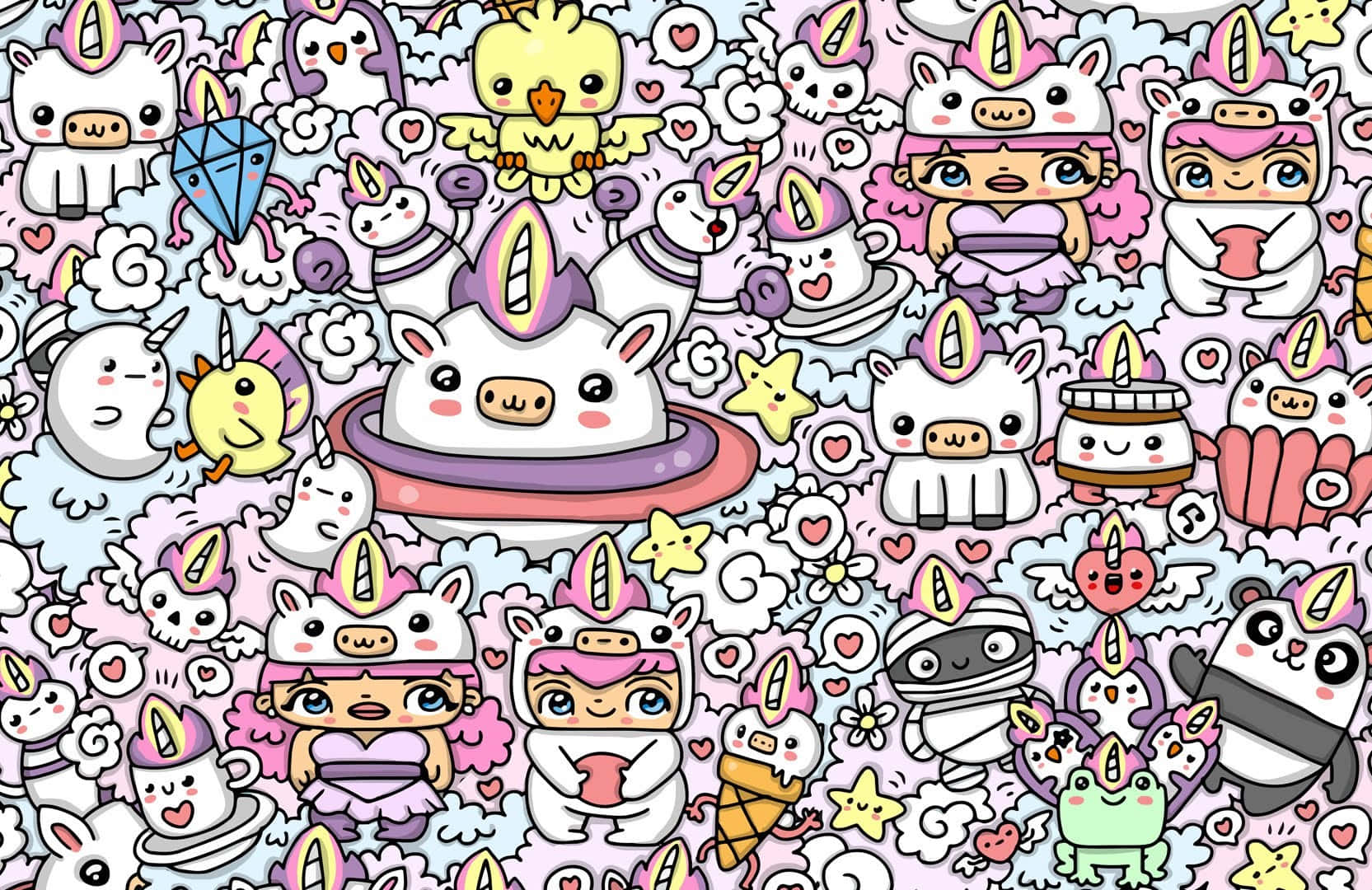 Kawaii Unicorn 桌布 壁紙 — 一個充滿可愛獨角獸、熊貓和星星的夢幻塗鴉圖案，採用柔和粉彩色調。