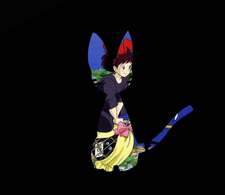kiki's delivery service 桌布 壁紙 — 一個充滿奇思妙想的動漫女孩，紅髮貓耳，以風格化的剪影坐在黑色背景前，她的身形中展現出充滿活力的風景。