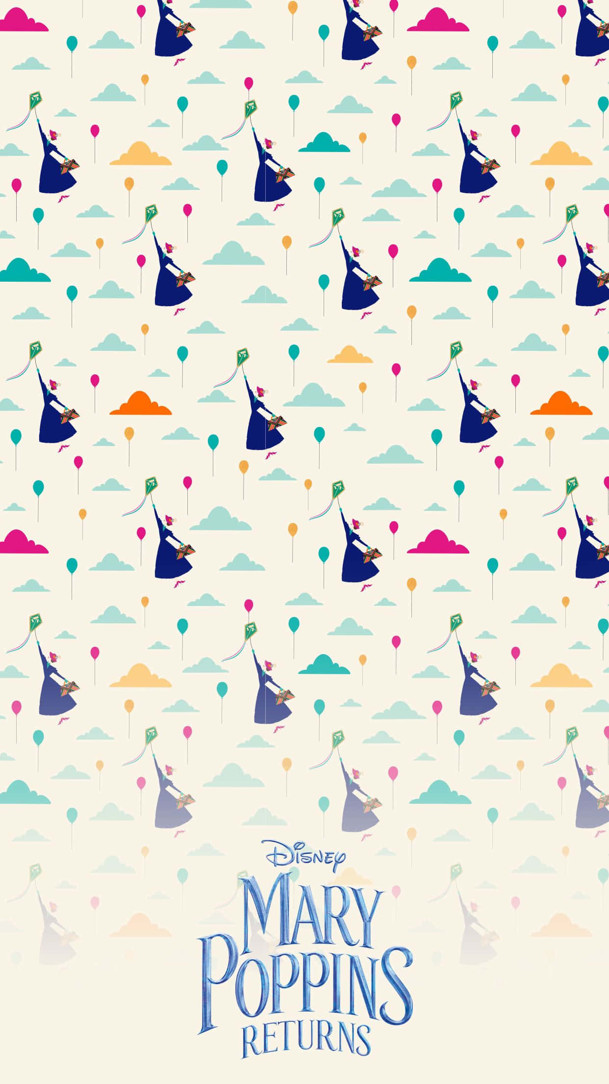 mary poppins 桌布 壁紙 — 一個充滿奇思妙想的圖案，描繪瑪麗·波平斯在奶油色背景上，帶著氣球飛過粉彩雲朵。