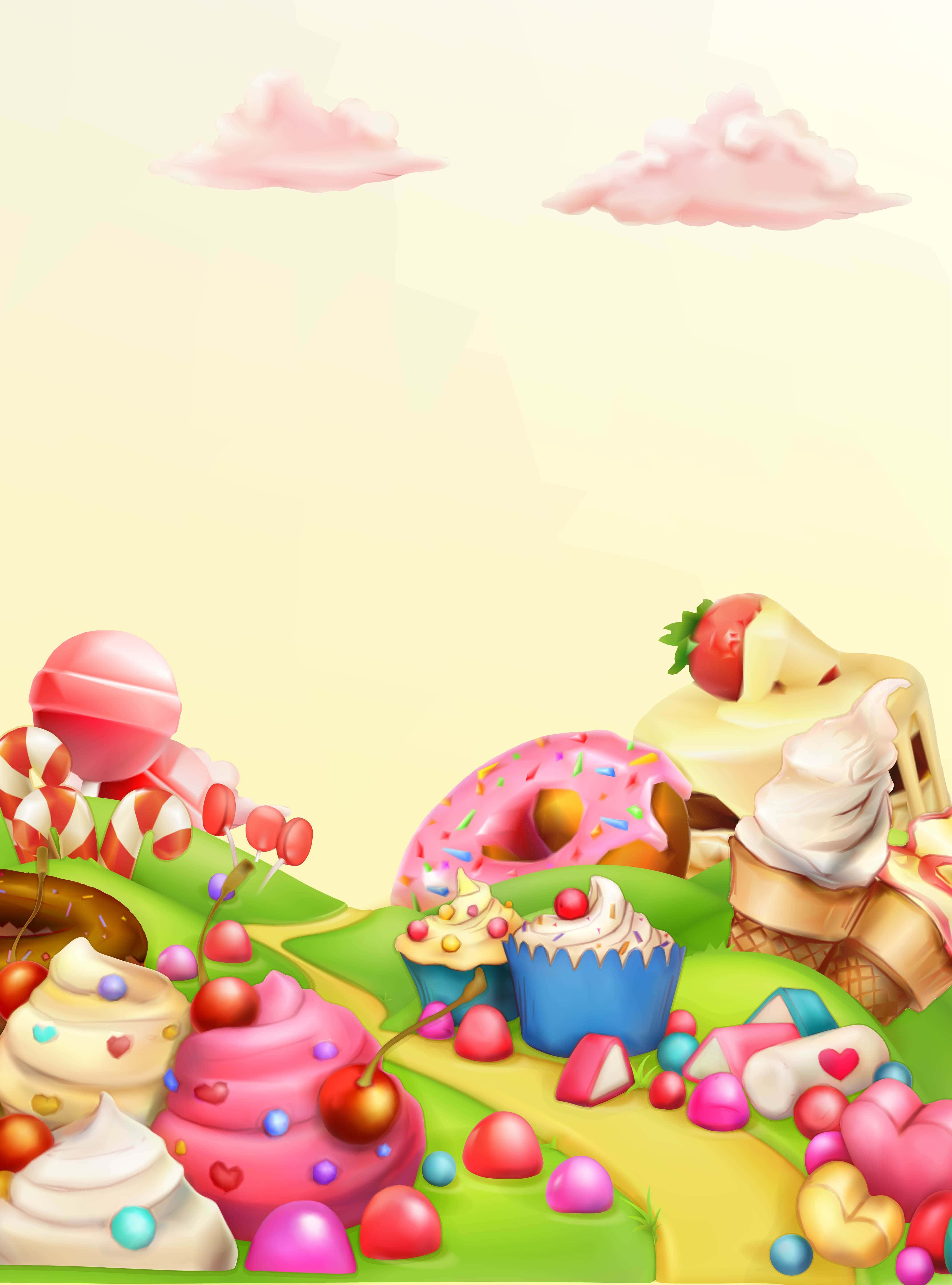 Cute Dessert 桌布 壁紙 — 一個充滿奇思妙想的糖果景觀，擁有超大型甜點和柔和日光下的粉彩天空。