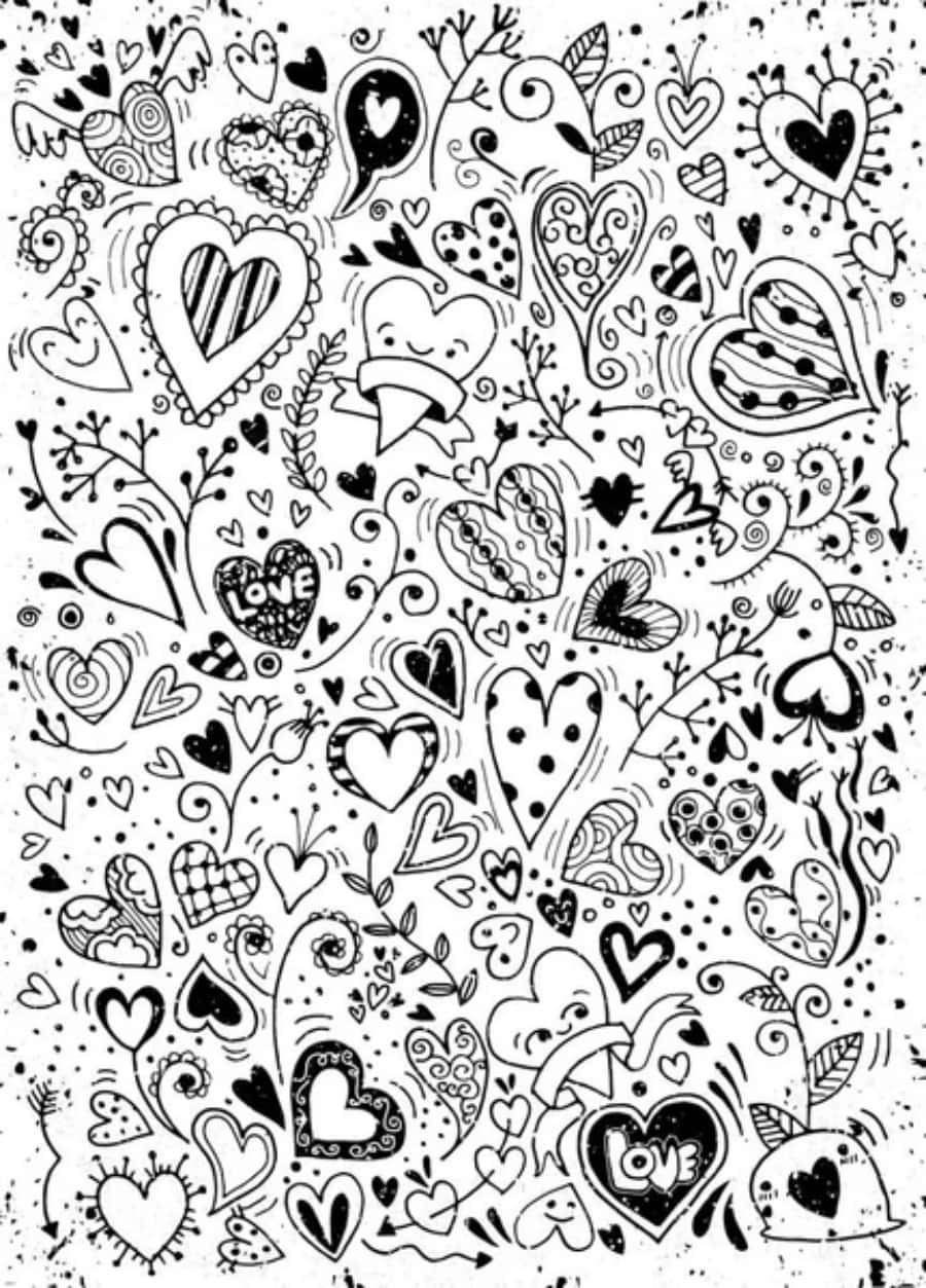 Heart Doodle 桌布 壁紙 — 一個充滿奇思妙想的黑白塗鴉爆炸，心形圖案帶有面孔、花紋和藤蔓，填滿整個畫面。