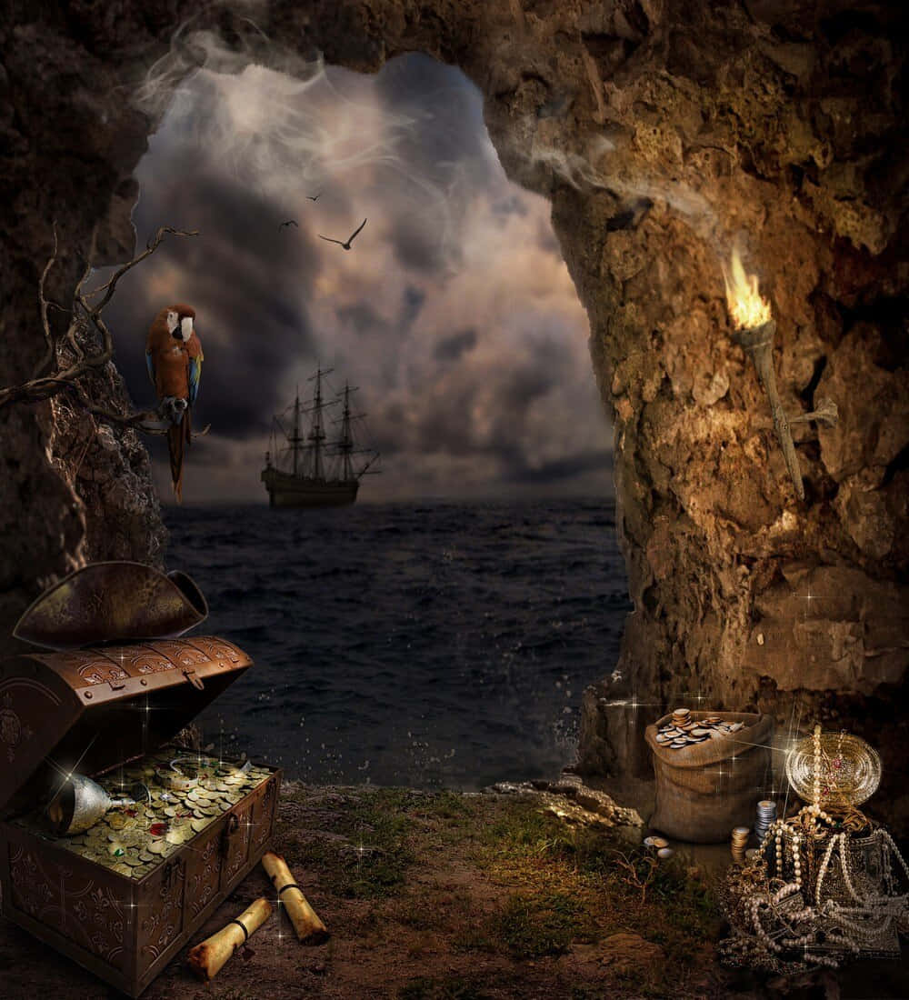 Treasure 桌布 壁紙 — 一個充滿寶藏的洞穴，有火炬和鸚鵡，俯瞰著暴風雨的大海，一艘海盜船在烏雲下航行。
