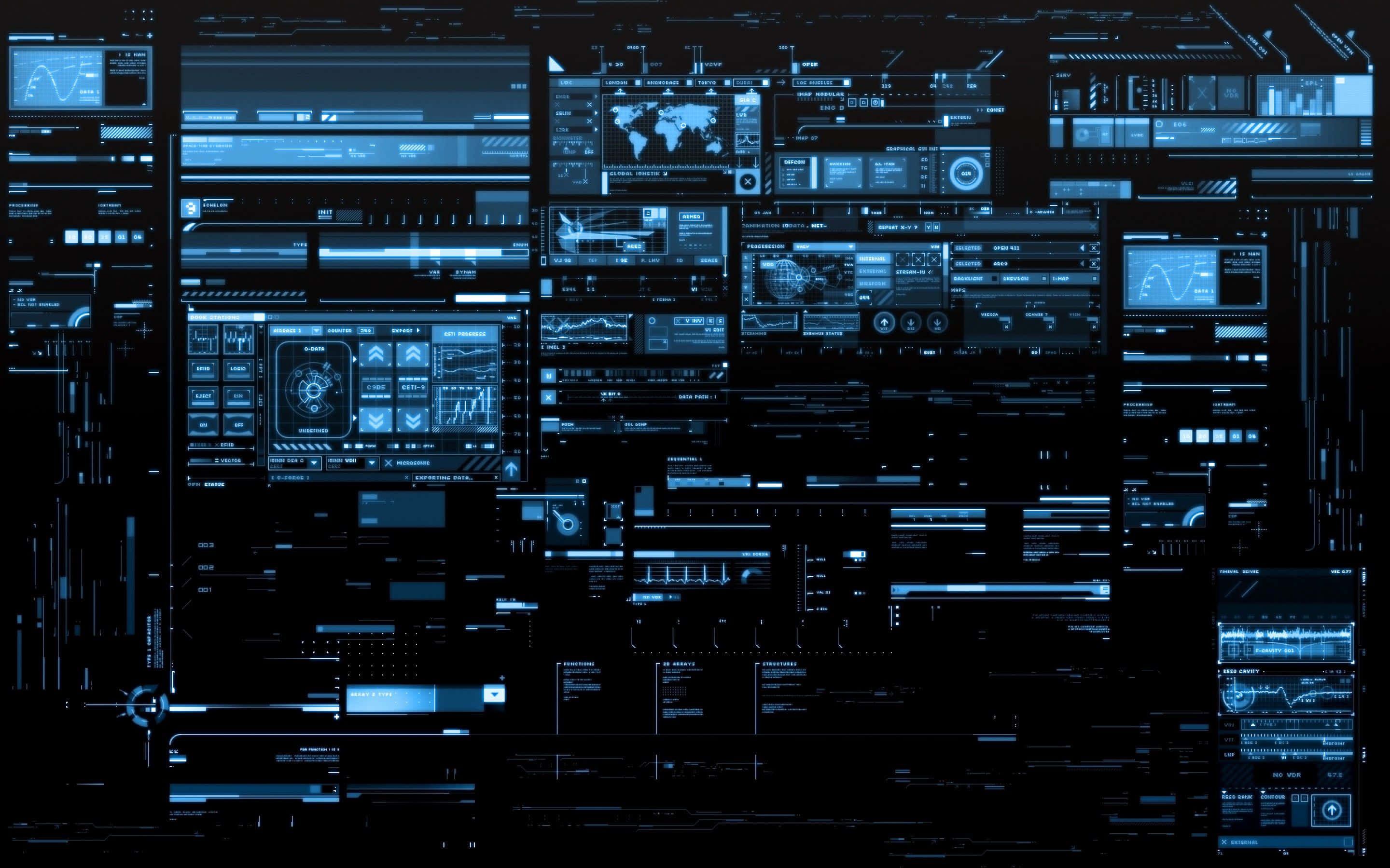 Information Technology 桌布 壁紙 — 一個充滿未來感的數位儀表板，在黑色背景上佈滿發光的藍色數據流和全息介面。