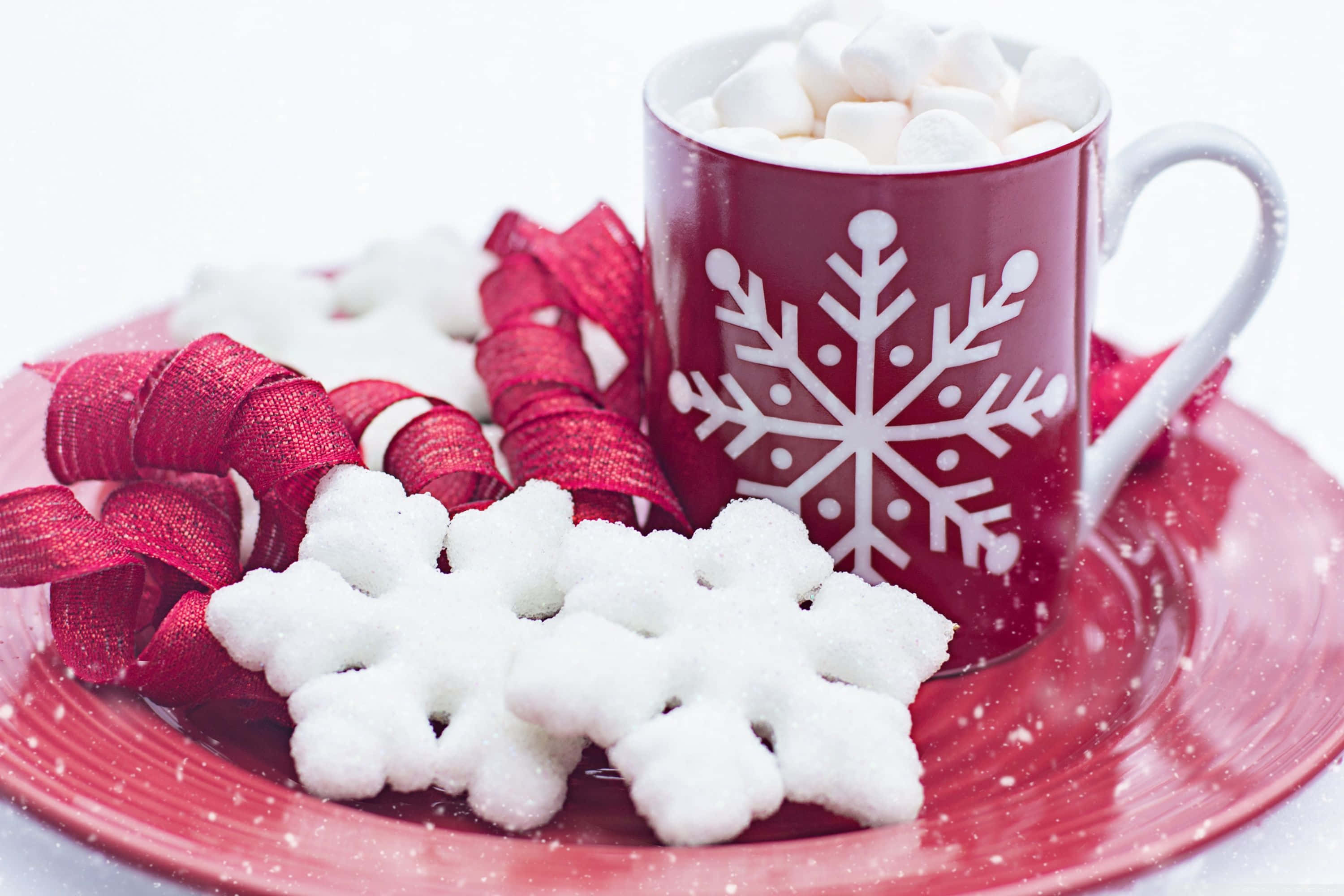 Winter Desserts 桌布 壁紙 — 一個充滿棉花糖的節日紅色馬克杯，旁邊放著一個糖雪花曲奇和紅色絲帶，放在相配的碟子上。