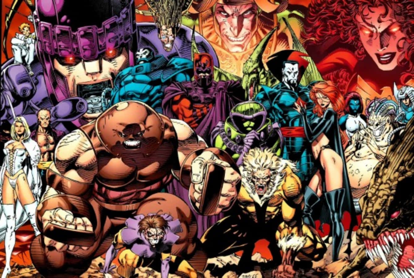 Supervillain Team-up 桌布 壁紙 — 一個充滿標誌性反派角色的動態漫畫面板，色彩大膽，姿勢戲劇化。
