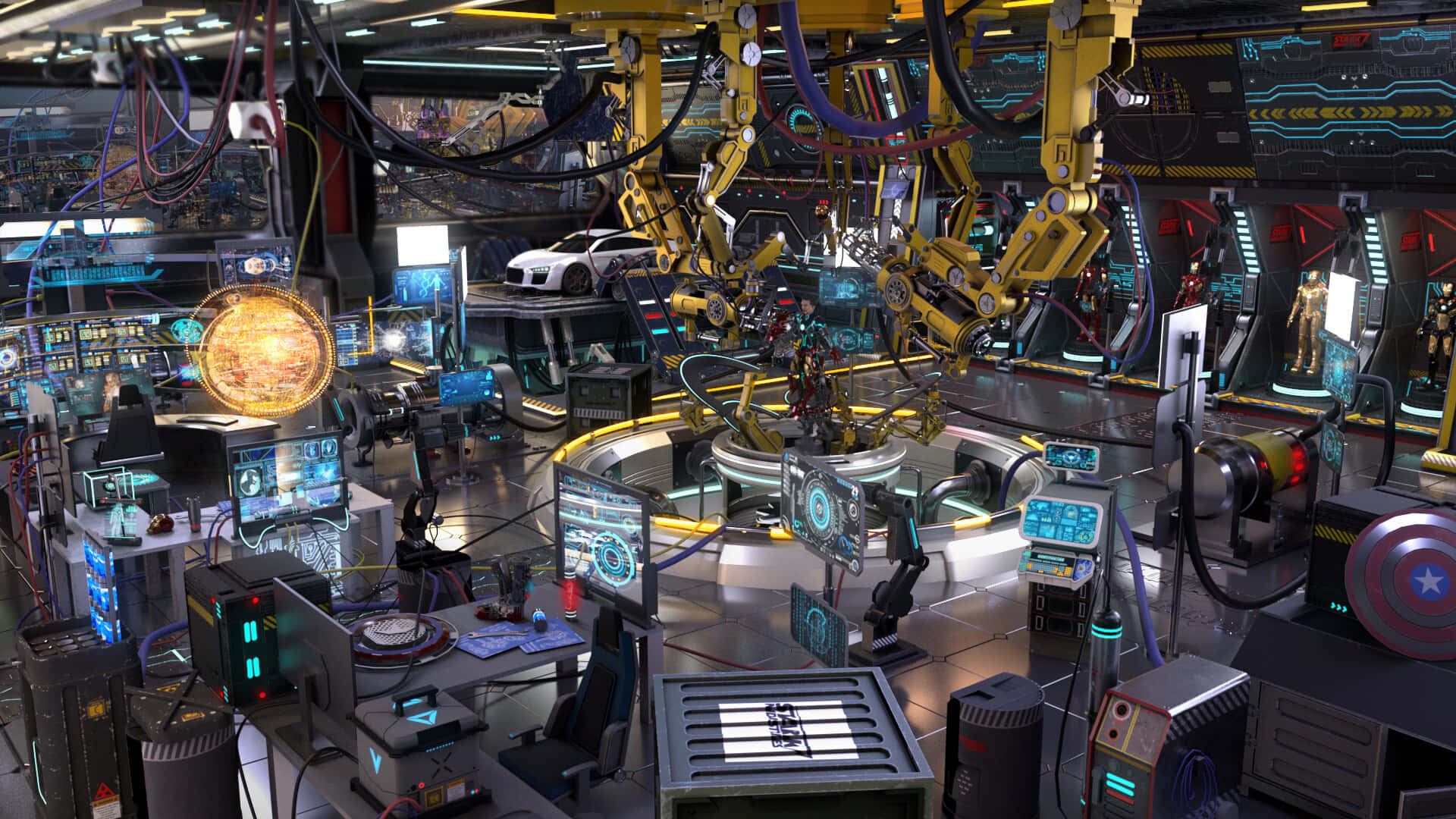 Iron Man Technology 桌布 壁紙 — 一個充滿機械臂、發光屏幕和標誌性服裝的高科技超級英雄工作室，在明亮的工業照明下。