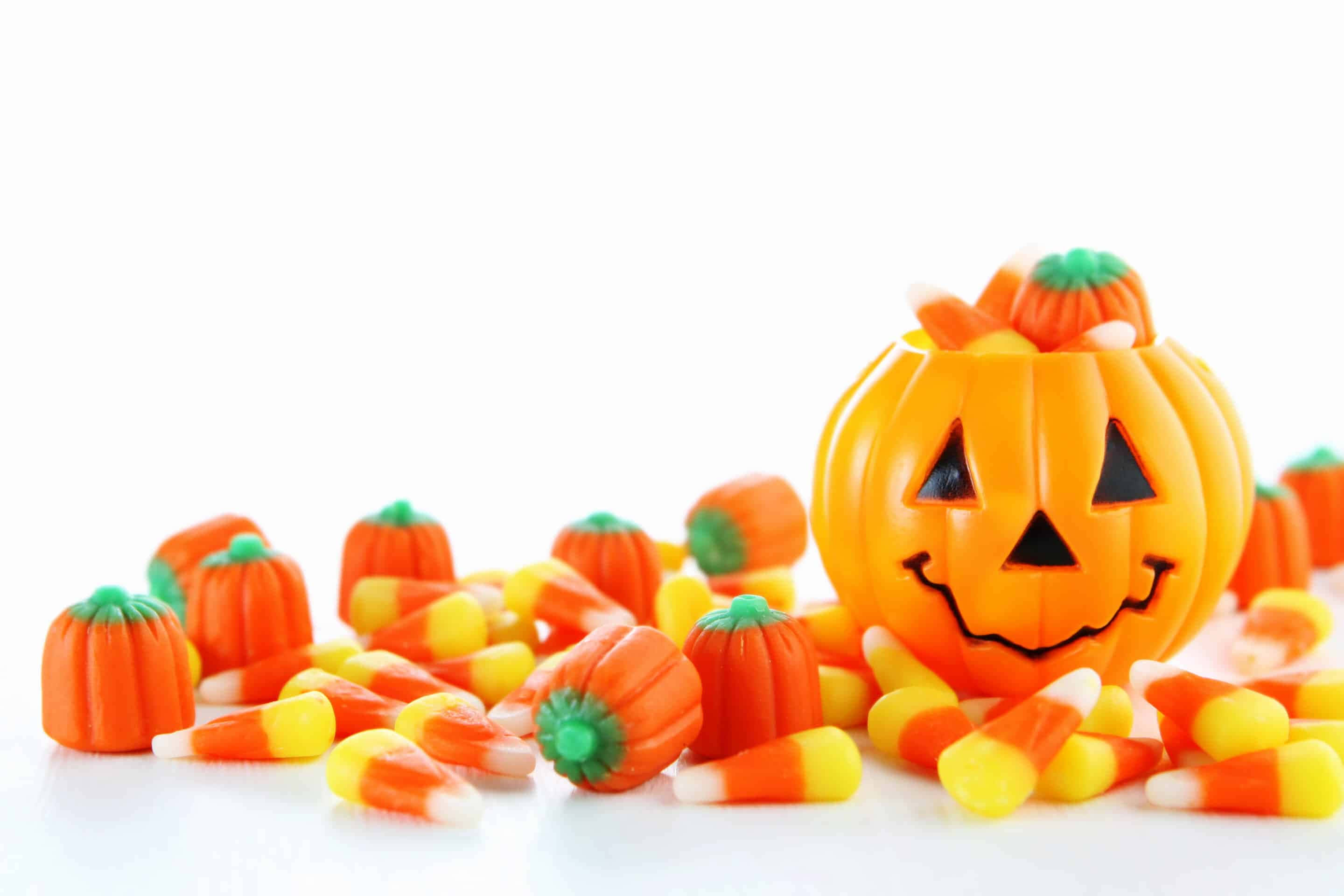 Halloween Treats 桌布 壁紙 — 一個充滿歡樂的橙色傑克南瓜燈糖果桶，裝滿了玉米糖和小南瓜，放在明亮的白色背景上。