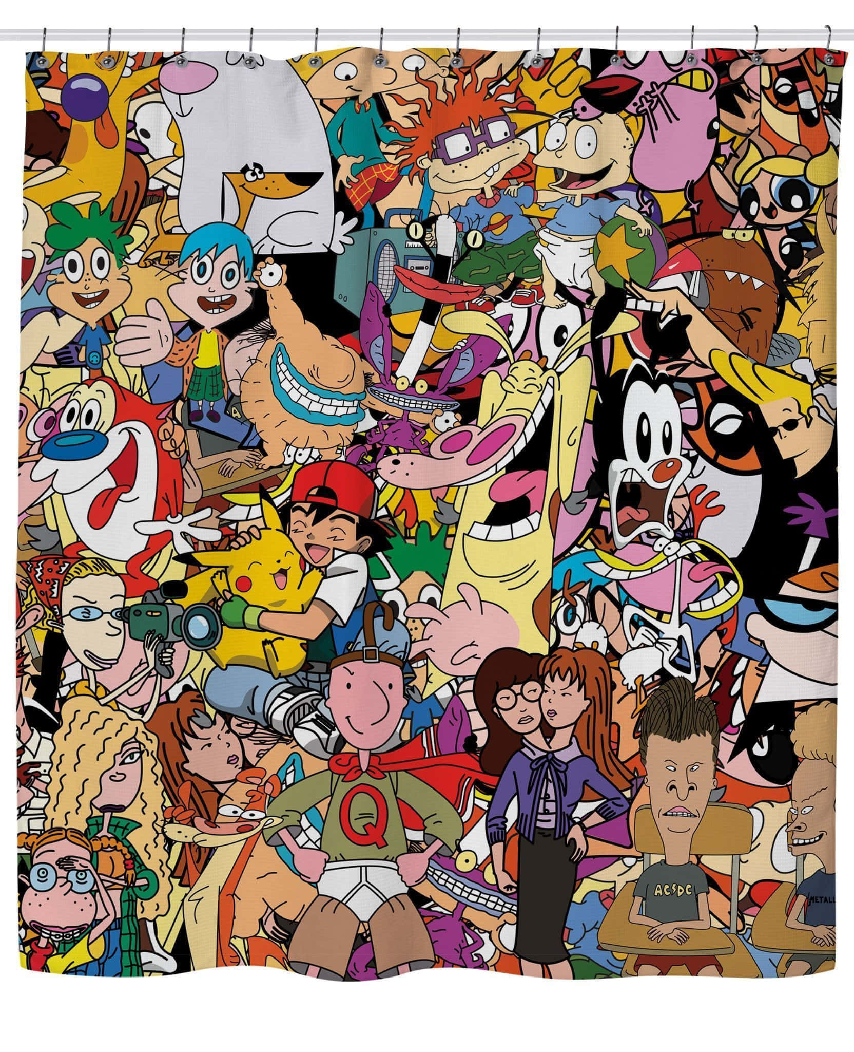 Vintage Cartoon Aesthetic 桌布 壁紙 — 一個充滿活力、混亂的拼貼畫，由來自各種動畫節目的標誌性卡通人物緊密地組合在一起。
