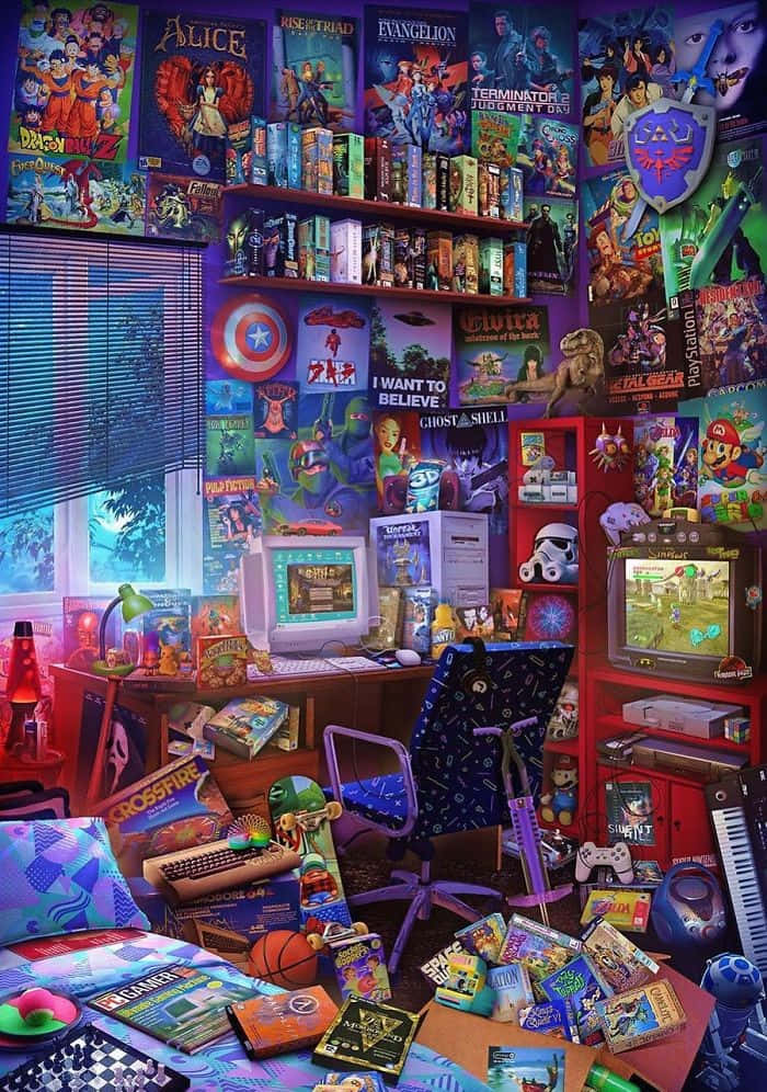 Gaming Art 桌布 壁紙 — 一個充滿活力、雜亂的復古遊戲室，在紫色環境燈光下，充滿海報、書籍、遊戲機和發光的屏幕。