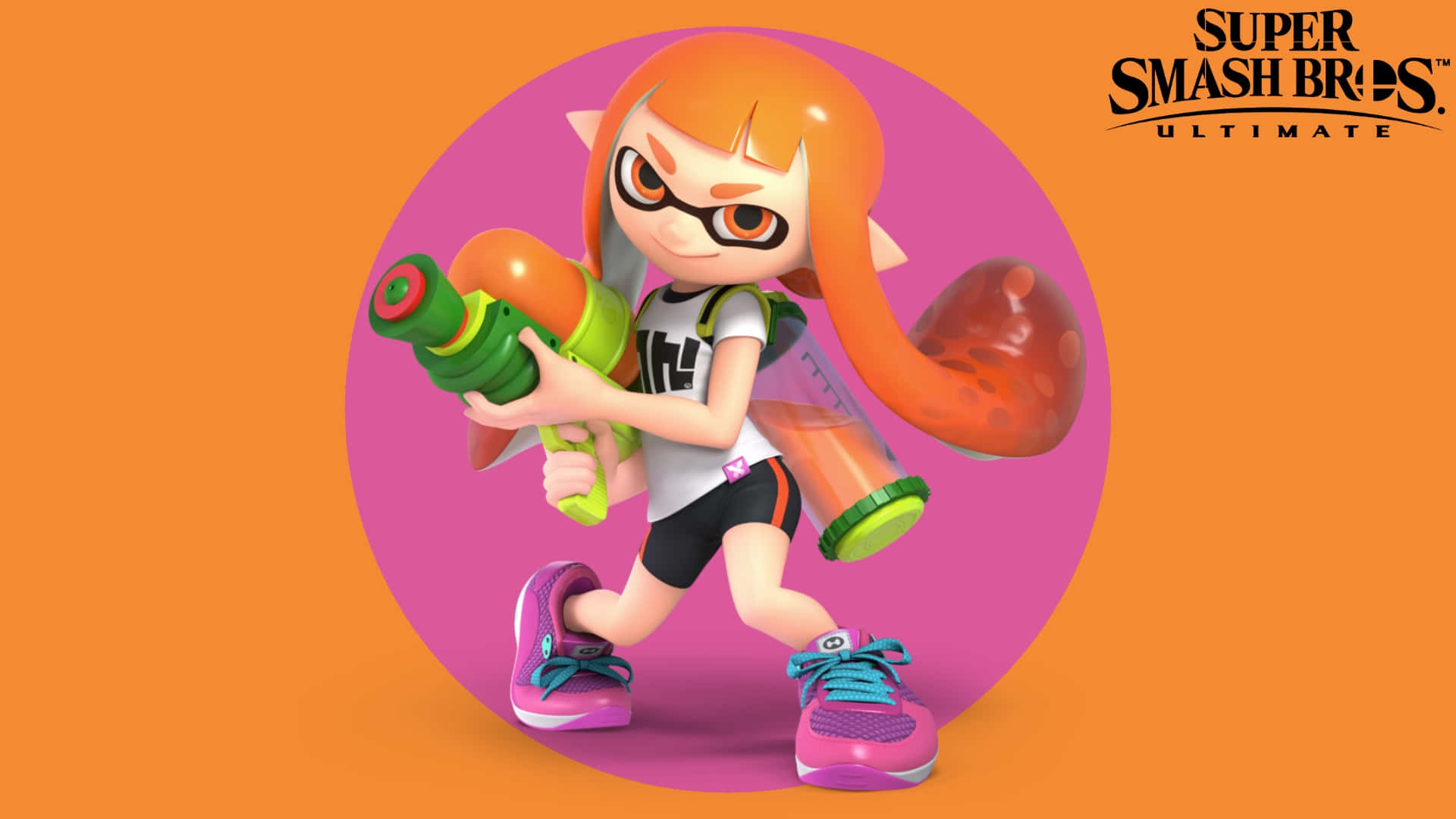 splatoon 桌布 壁紙 — 一個充滿活力的 3D 渲染斯普拉遁角色，擁有橙色頭髮和護目鏡，在鮮明的橙色和粉紅色圓形背景前揮舞著綠色墨水槍。