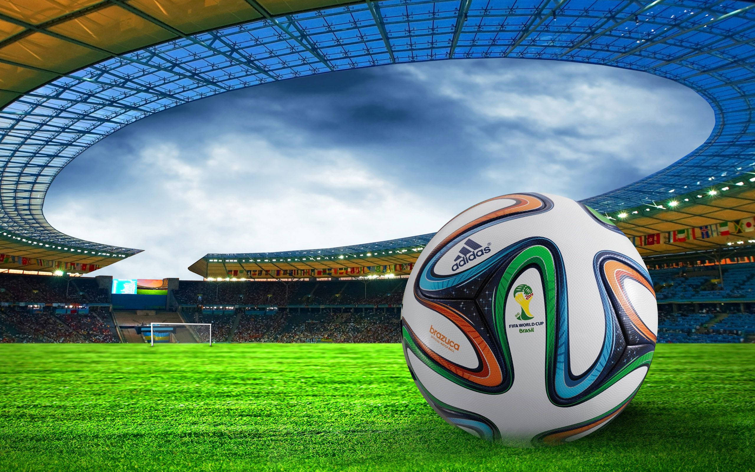 World 桌布 壁紙 — 一個充滿活力的 Brazuca 足球放在一個巨大體育館的茂密綠色球場上，天空烏雲密佈，氣氛戲劇化。