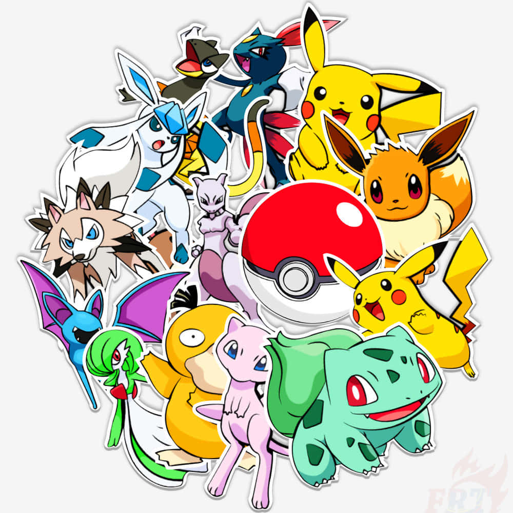 Pokemon Stickers 桌布 壁紙 — 一個充滿活力的 Pokémon 貼紙系列，包含比卡超、奇異種子等角色，圍繞一個精靈球排列在純色背景上。