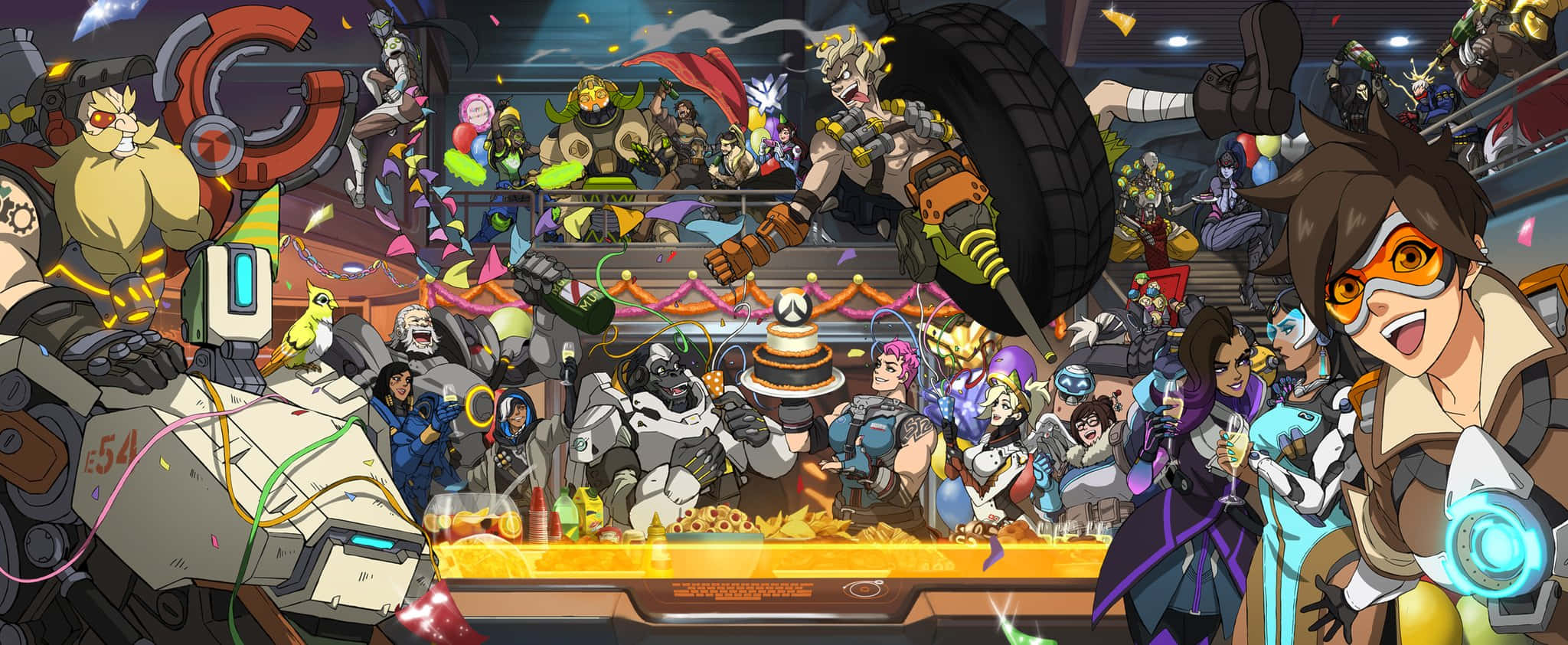 Overwatch Roadhog 桌布 壁紙 — 一個充滿活力的《鬥陣特攻》派對場景，英雄們在五彩紙屑和發光效果中慶祝。
