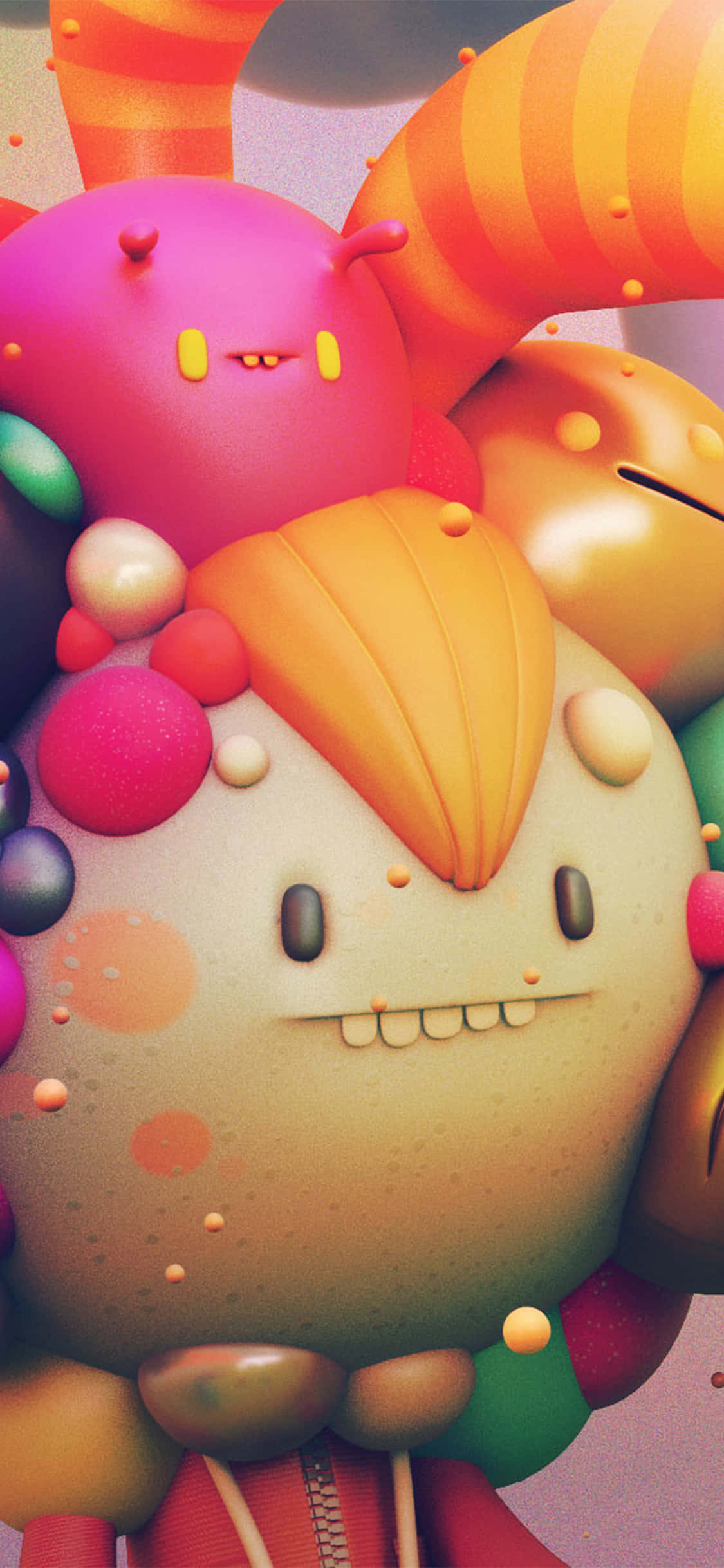 3d Graphics 桌布 壁紙 — 一個充滿活力的3D渲染卡通生物，帶著笑臉和彩色泡泡，漂浮在俏皮的抽象形狀之間。
