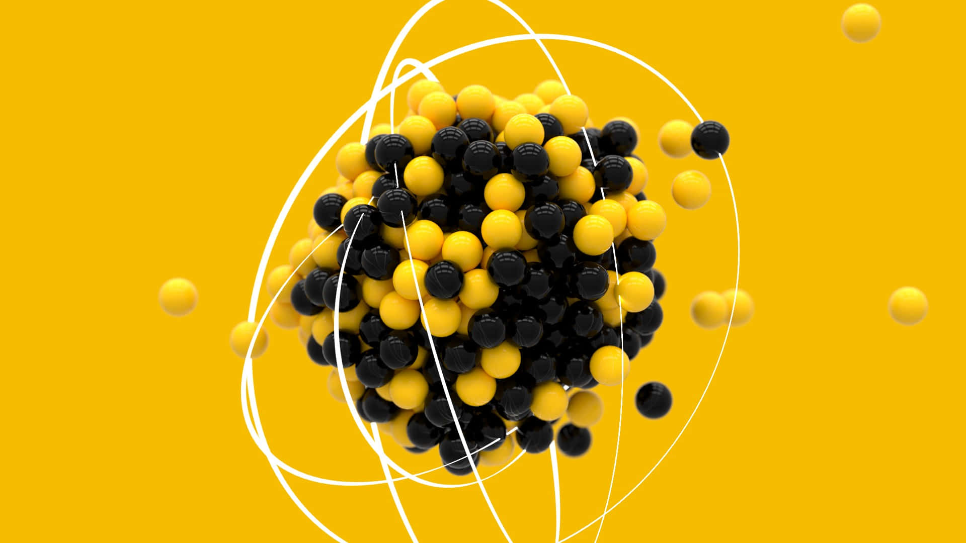 Chemistry 桌布 壁紙 — 一個充滿活力的3D渲染原子模型，黑色和黃色的球體在白色路徑上繞著純黃色背景運行。
