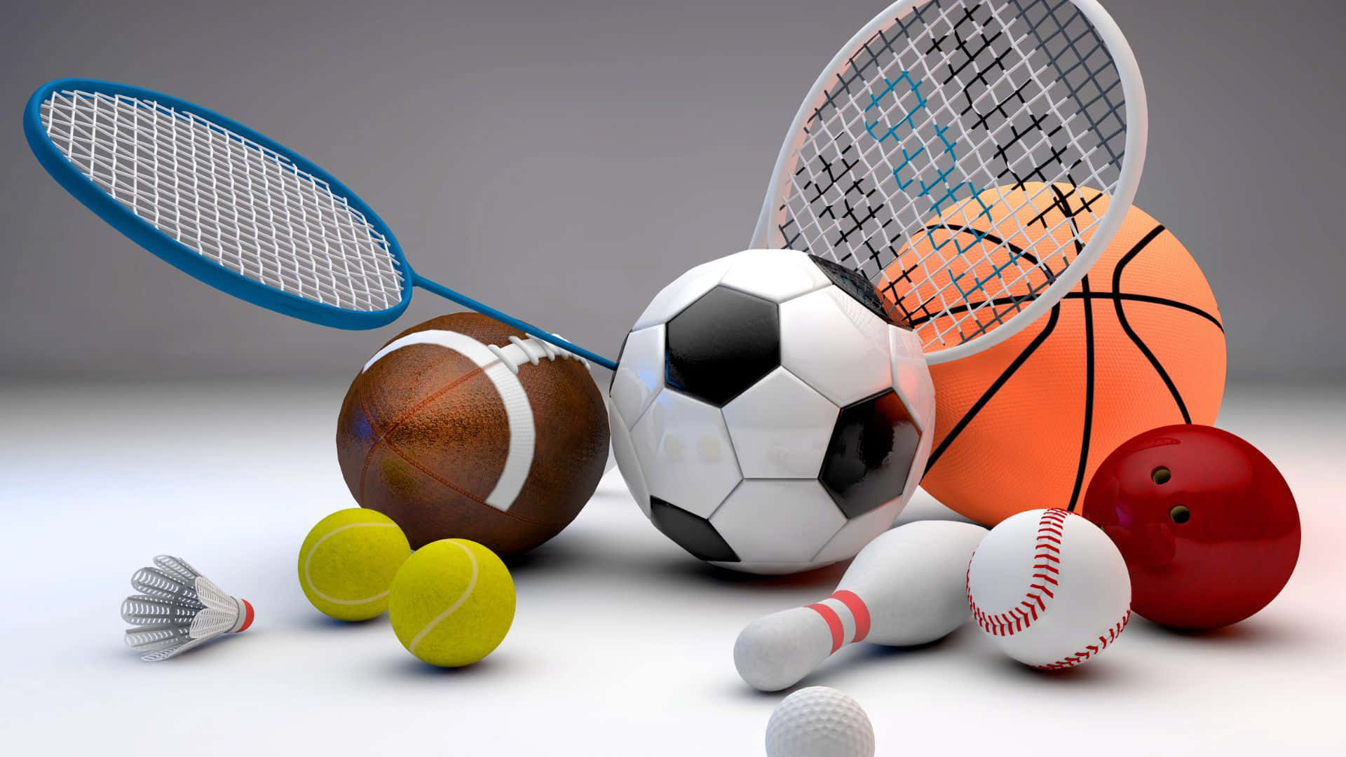 Best Sports 桌布 壁紙 — 一個充滿活力的3D渲染各種運動器材集合，包括球和球拍，排列在乾淨的白色表面上。