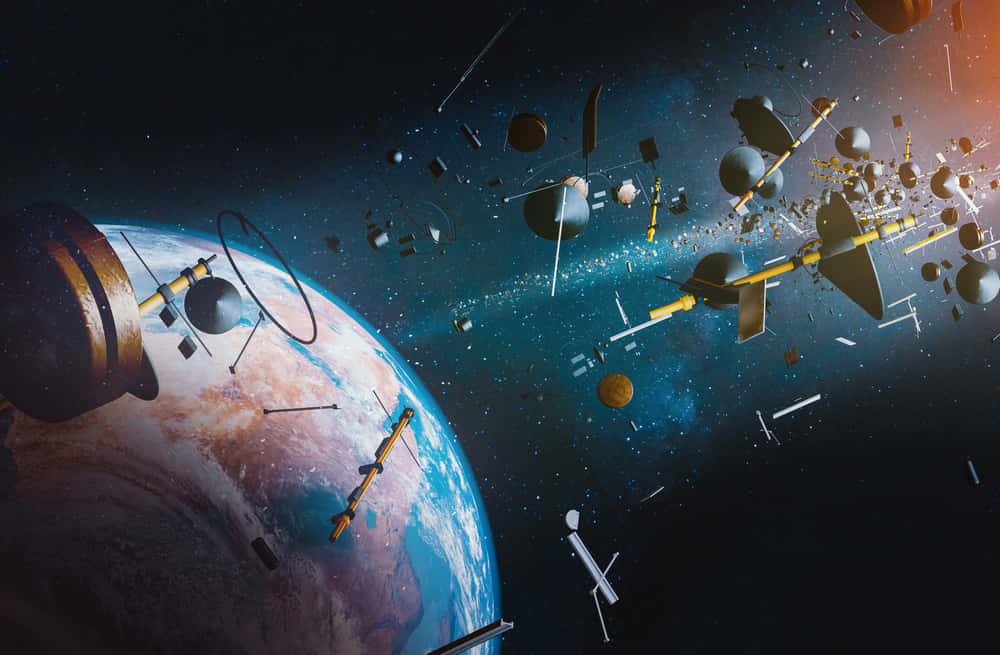 Space Debris 桌布 壁紙 — 一個充滿活力的3D渲染地球，被混亂的太空碎片和衛星場環繞，背景是繁星點點的宇宙。