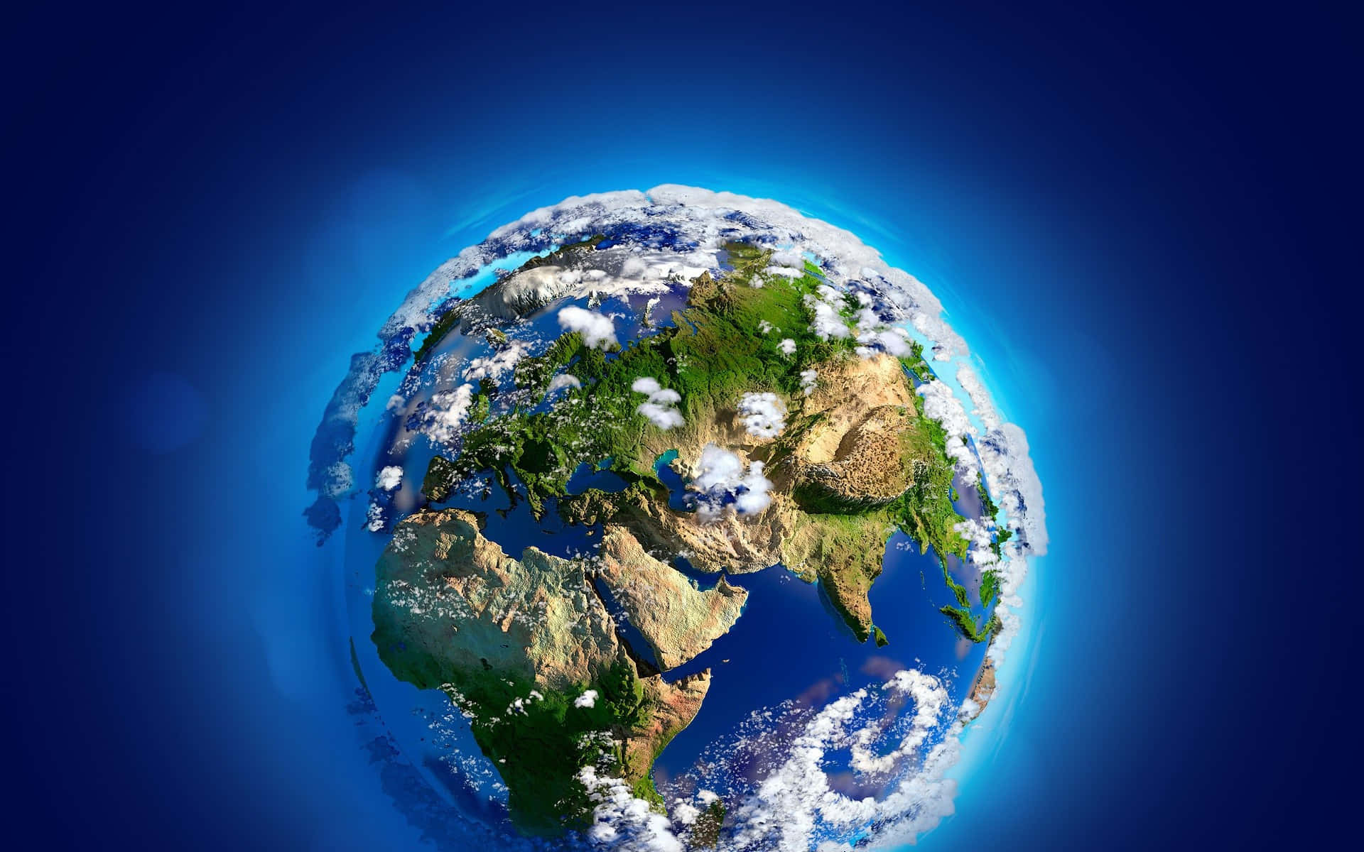 3d Earth 桌布 壁紙 — 一個充滿活力的3D渲染地球儀，展示大陸、海洋和雲層，背景為深藍色宇宙。