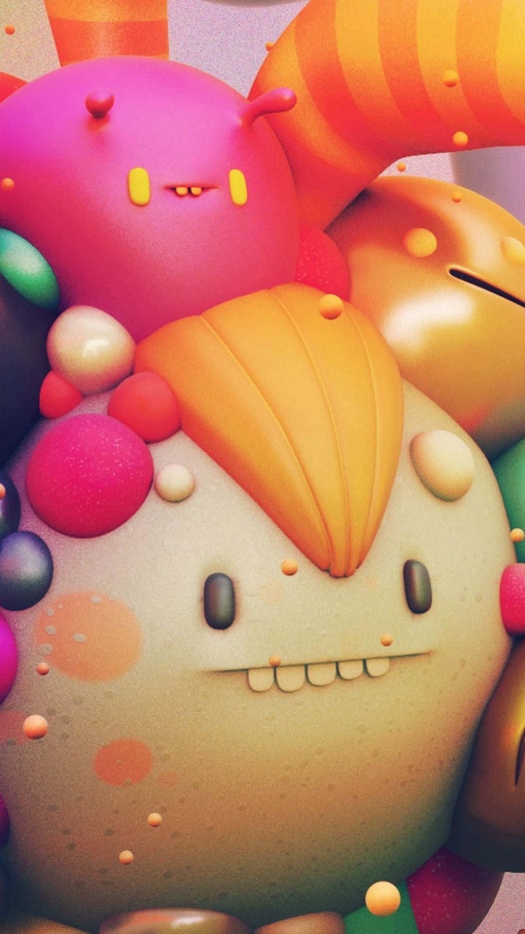 Kawaii Monster 桌布 壁紙 — 一個充滿活力的3D渲染壁紙，上面有一群可愛、色彩繽紛的卡通生物，表情豐富，帶有泡泡般的紋理。