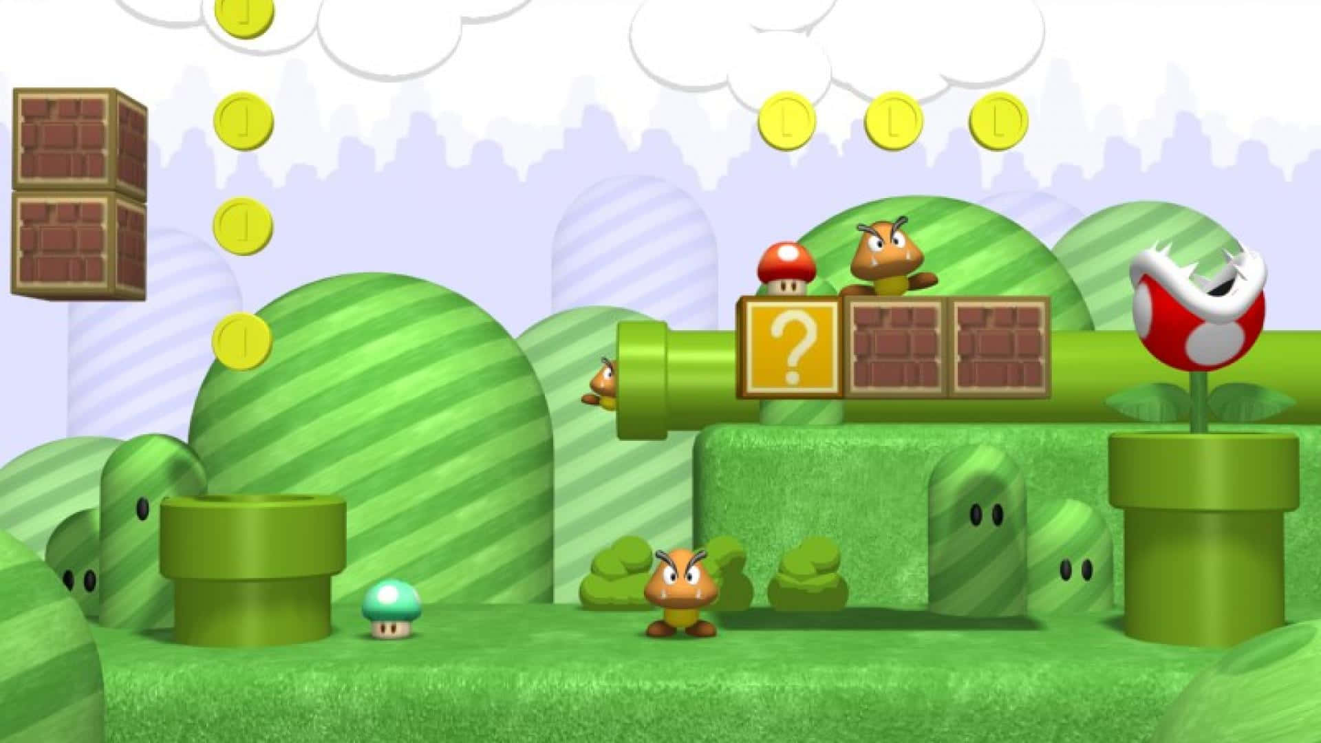 Mushroom Kingdom 桌布 壁紙 — 一個充滿活力的3D渲染瑪利歐遊戲場景，有綠色山丘、金幣、栗子仔和一個問號方塊，天空多雲。