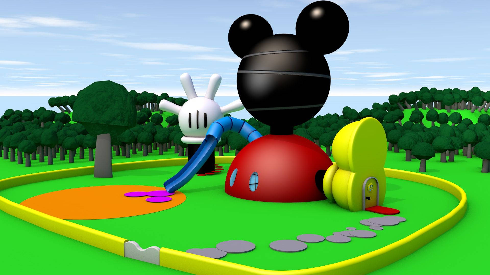 米奇 桌布 壁紙 — 一個充滿活力的3D渲染遊樂場，設有巨型米奇老鼠和米妮老鼠結構，配有滑梯和色彩繽紛的路徑。