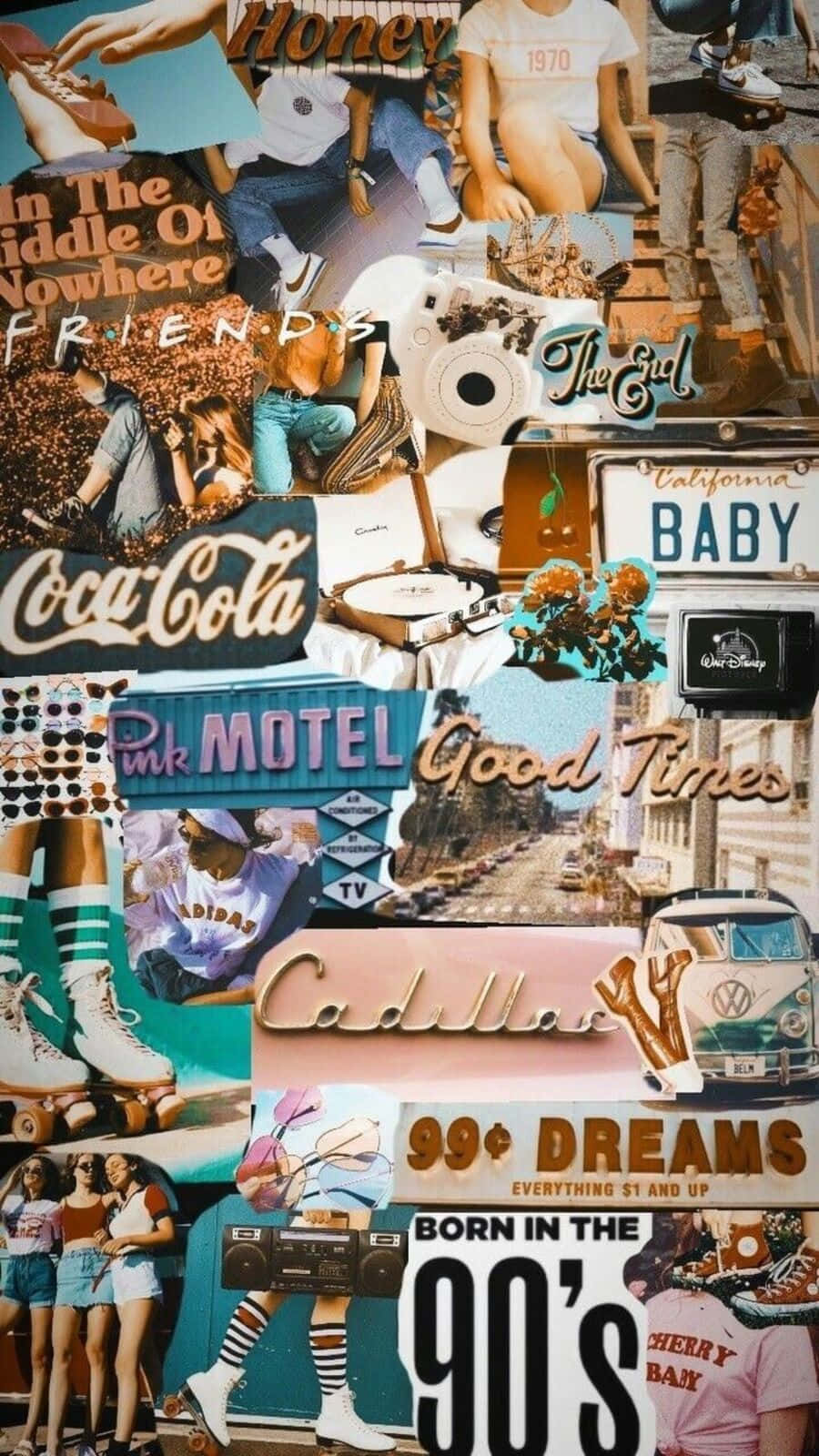 Baddie Vintage 90's Aesthetic 桌布 壁紙 — 一個充滿活力的90年代懷舊拼貼畫，以溫暖色調呈現復古圖標，如可口可樂溜冰鞋、VW麵包車和《老友記》語錄。