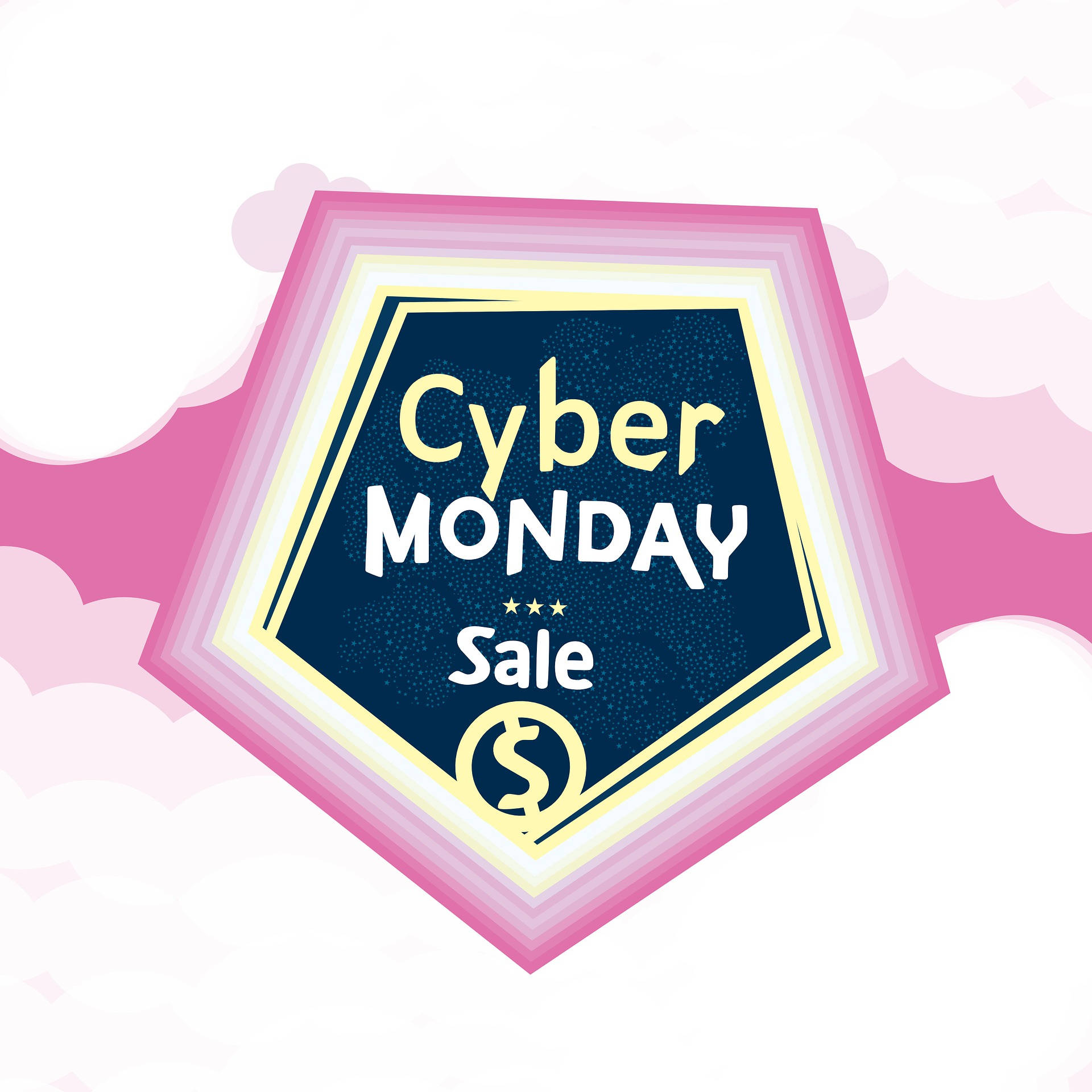 Monday 桌布 壁紙 — 一個充滿活力的Cyber Monday促銷徽章，帶有粉紅雲朵背景和分層六邊形框架。