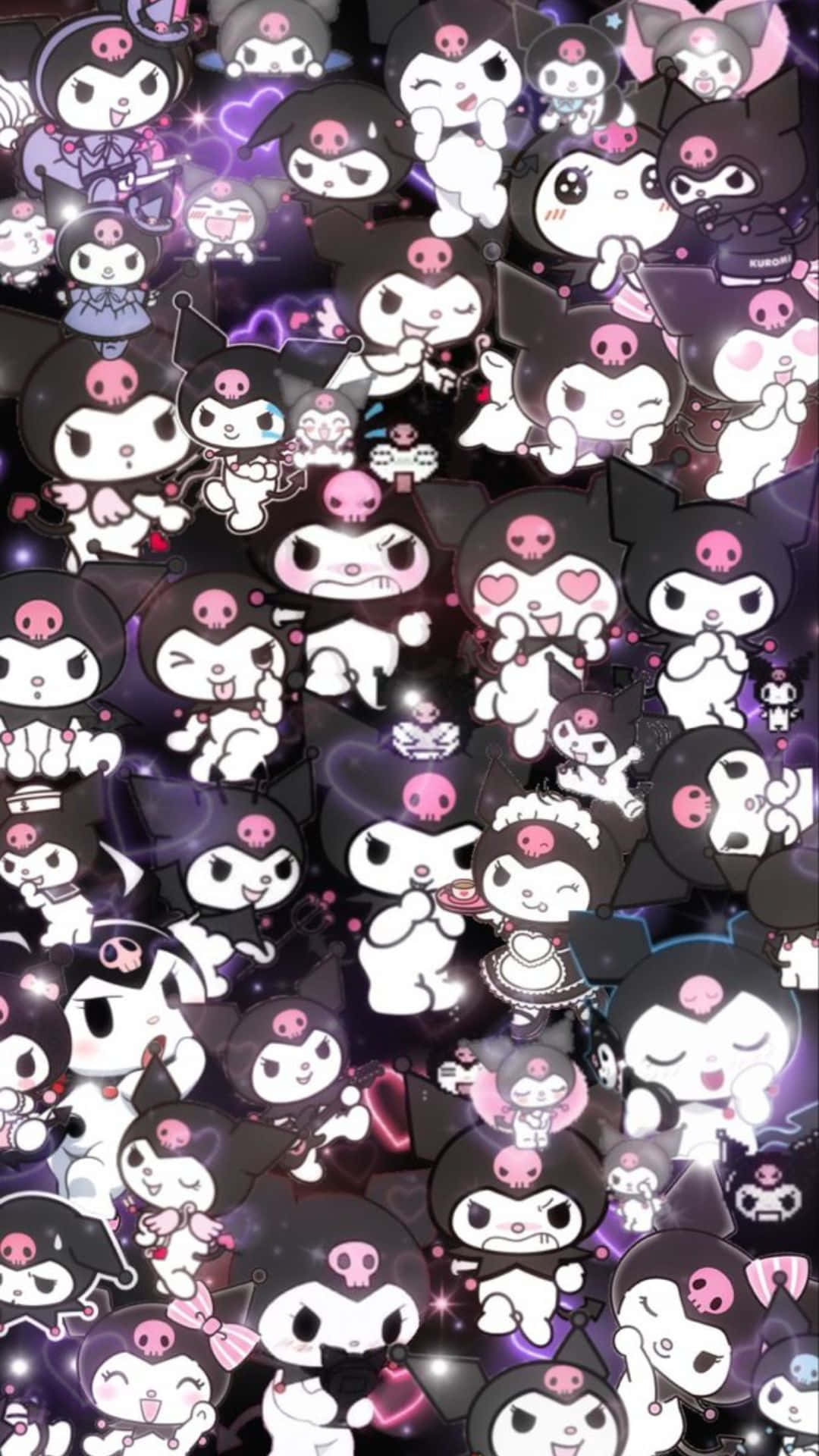 Kuromi Pattern 桌布 壁紙 — 一個充滿活力的Kuromi角色拼貼畫，以各種姿勢呈現在閃閃發光的深紫色背景上。