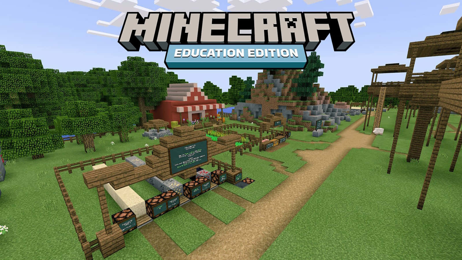 Minecraft Education Edition 桌布 壁紙 — 一個充滿活力的Minecraft Education Edition場景，有方塊狀的樹木、草地小徑和木結構，在清澈的藍天下。